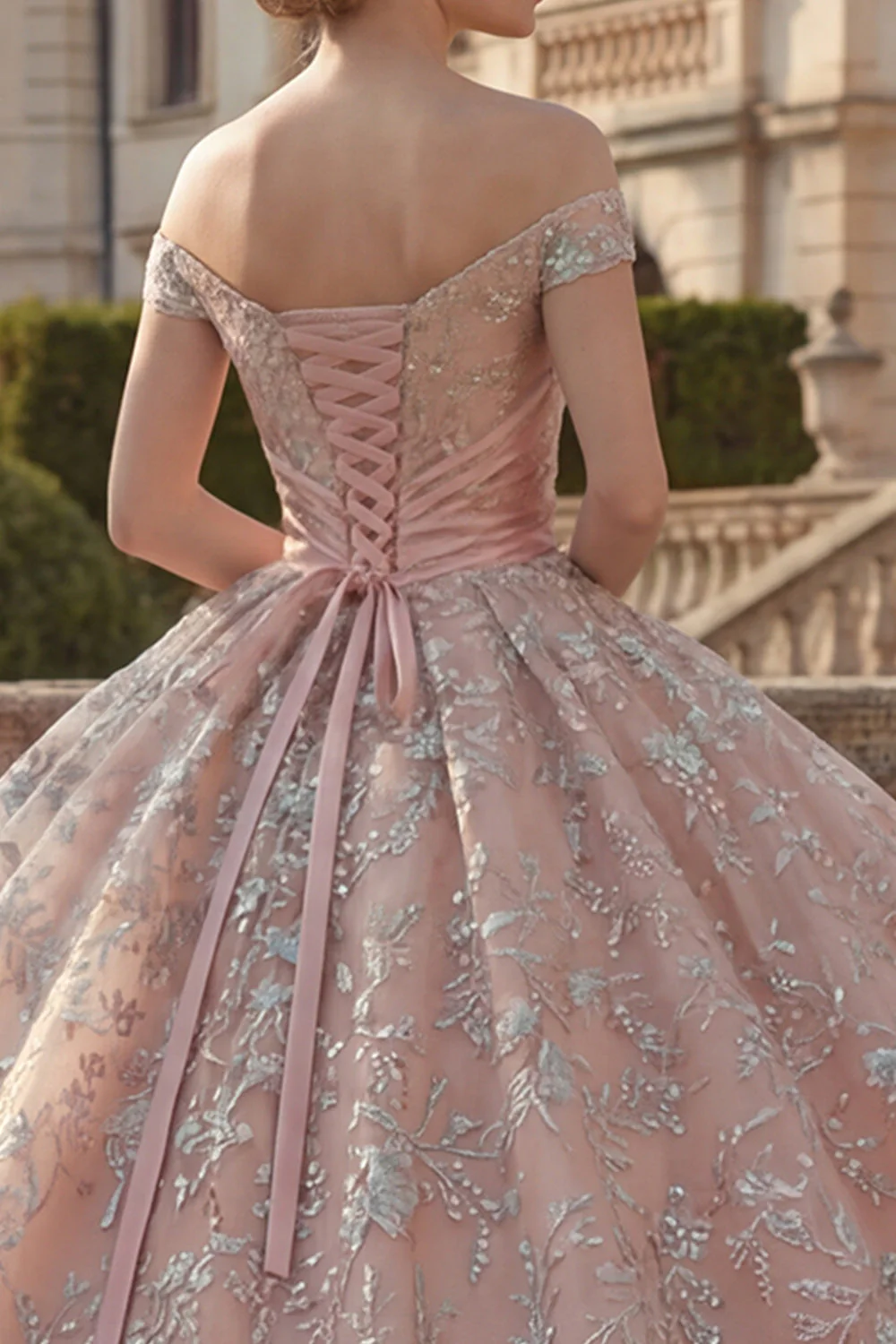Sukienka balowa z odkrytymi ramionami, różowiec z falbanami i sukienka księżniczki Quinceanera - Image 4
