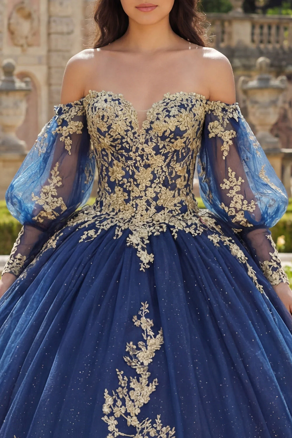 Sukienka balowa z odkrytymi ramionami z granatowymi aplikacjami z długim rękawem i sukienka quinceanera - Image 3