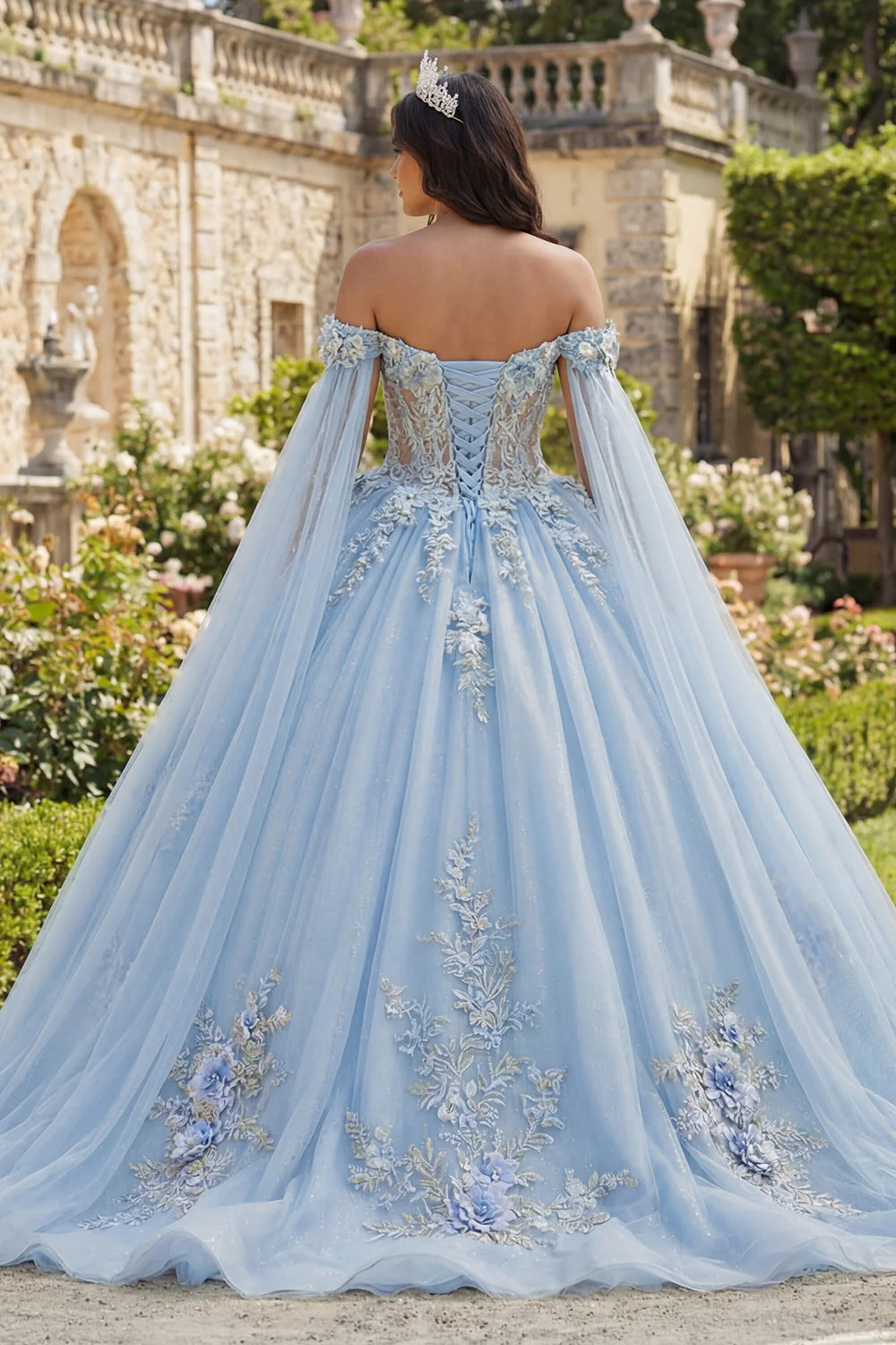 Sukienka balowa z odsłoniętymi ramionami – niebieska suknia balowa Quinceanera z kwiatami 3D - Image 2