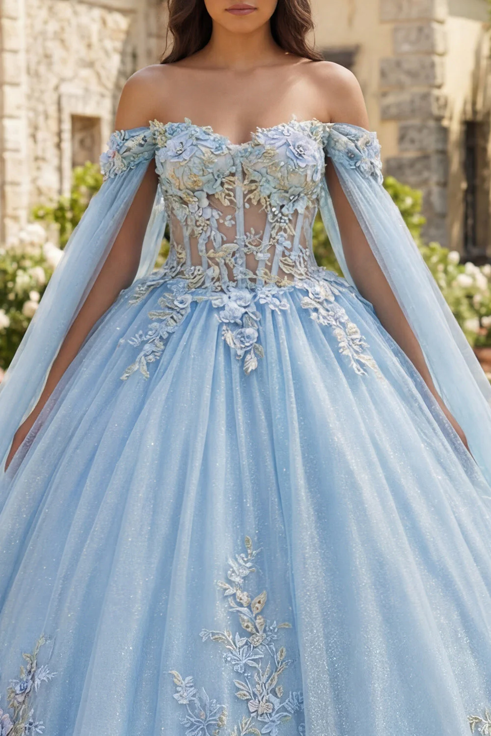 Sukienka balowa z odsłoniętymi ramionami – niebieska suknia balowa Quinceanera z kwiatami 3D - Image 3