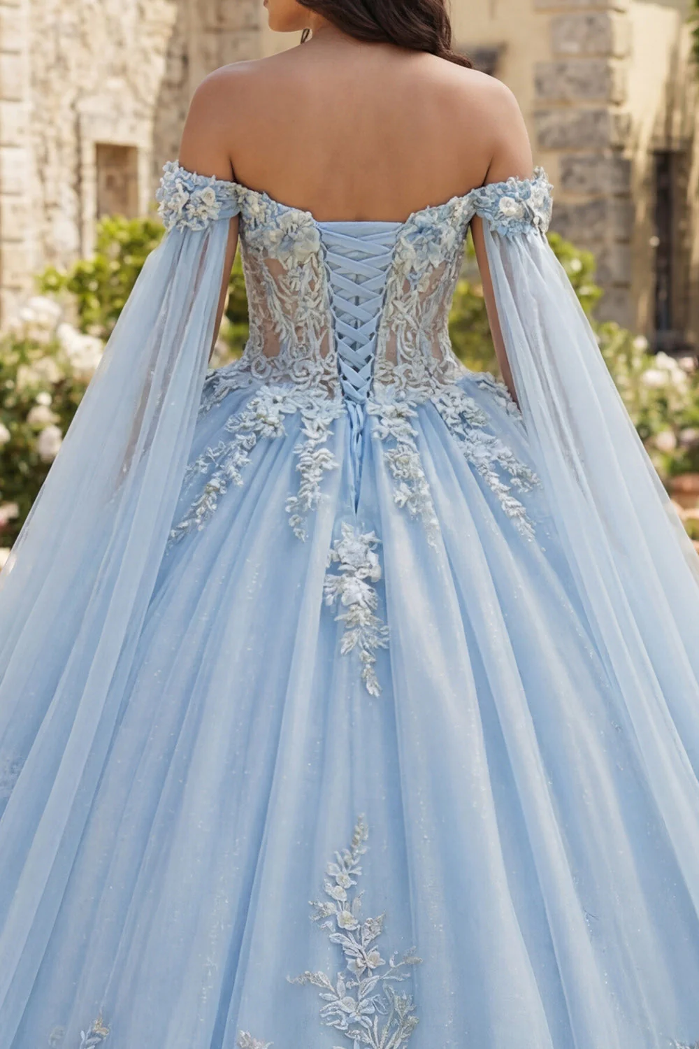 Sukienka balowa z odsłoniętymi ramionami – niebieska suknia balowa Quinceanera z kwiatami 3D - Image 4