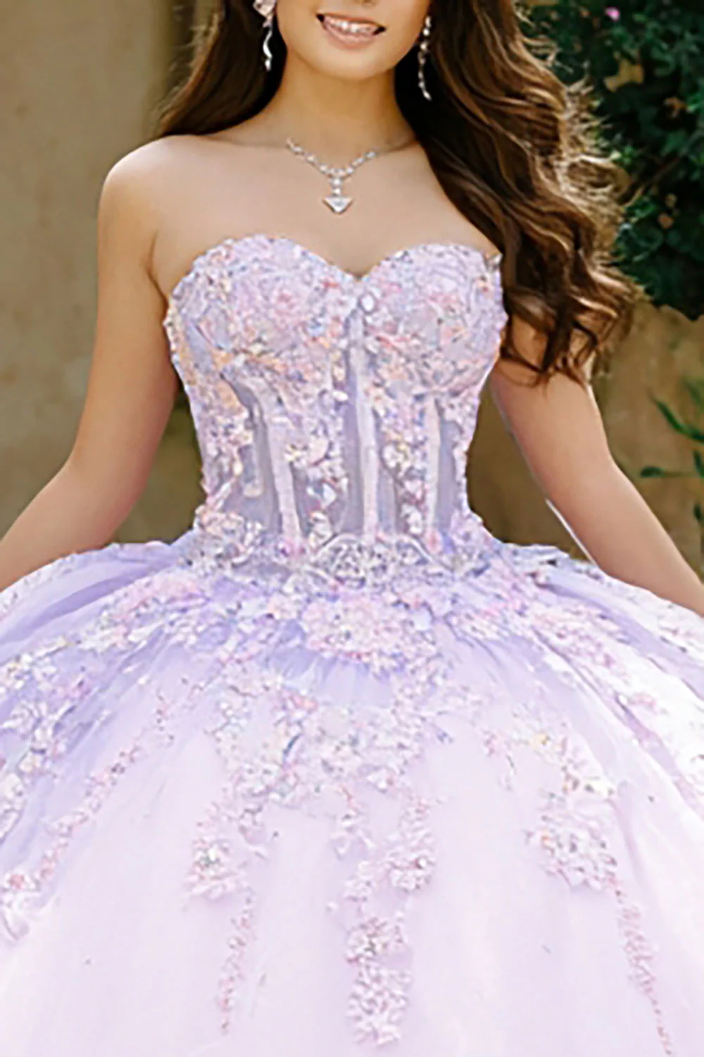 Sukienka bez ramiączek, liliowa balowa suknia z aplikacjami z Quinceanera - Image 2