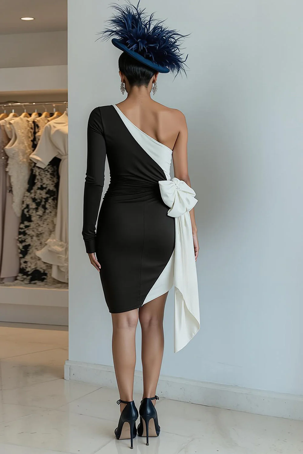 sukienka bodycon midi na jedno ramię dla matki panny młodej z kokardą - Image 2