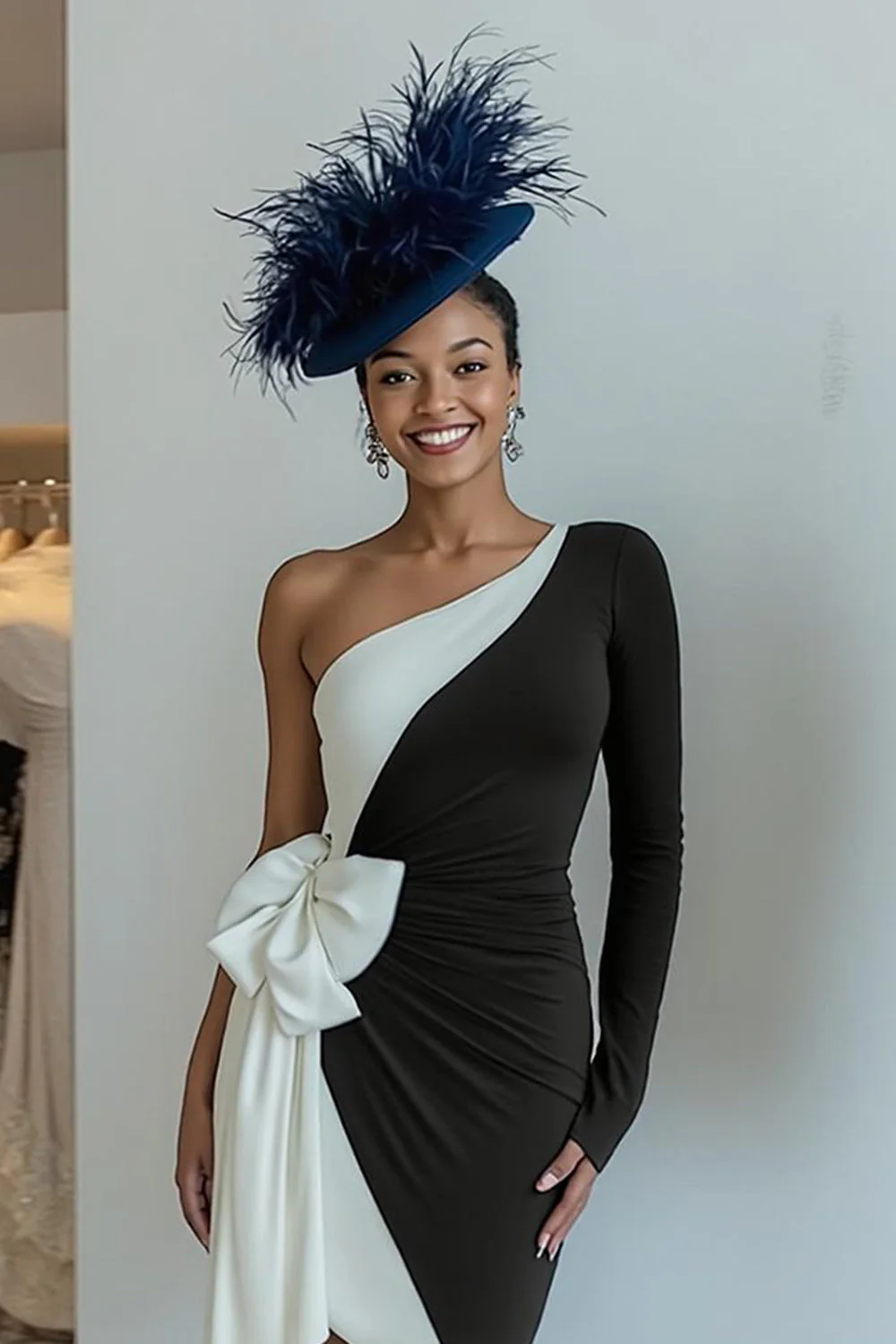 sukienka bodycon midi na jedno ramię dla matki panny młodej z kokardą - Image 3