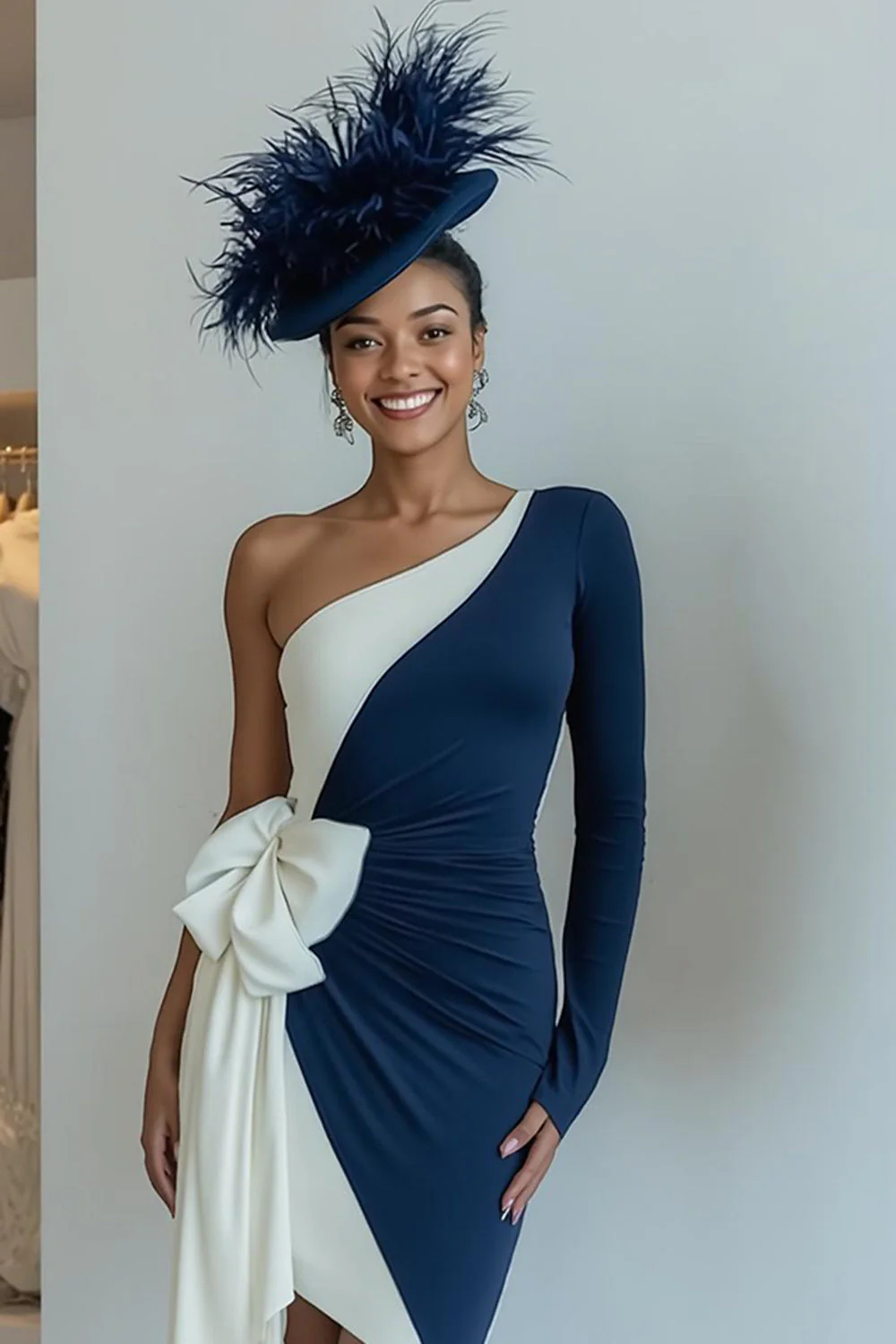 sukienka bodycon midi na jedno ramię dla matki panny młodej z kokardą - Image 7