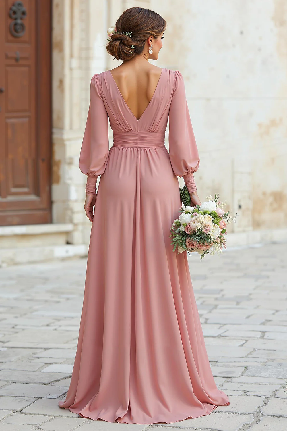 Sukienka dla druhen z dekoltem w szpic i talią Dusty Rose Maxi A Line z rękawami - Image 2