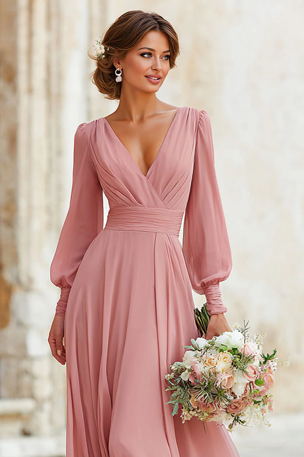 Sukienka dla druhen z dekoltem w szpic i talią Dusty Rose Maxi A Line z rękawami - Image 3