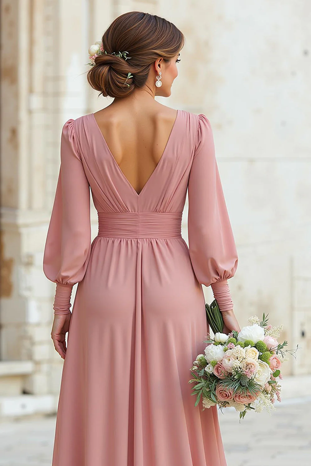 Sukienka dla druhen z dekoltem w szpic i talią Dusty Rose Maxi A Line z rękawami - Image 4