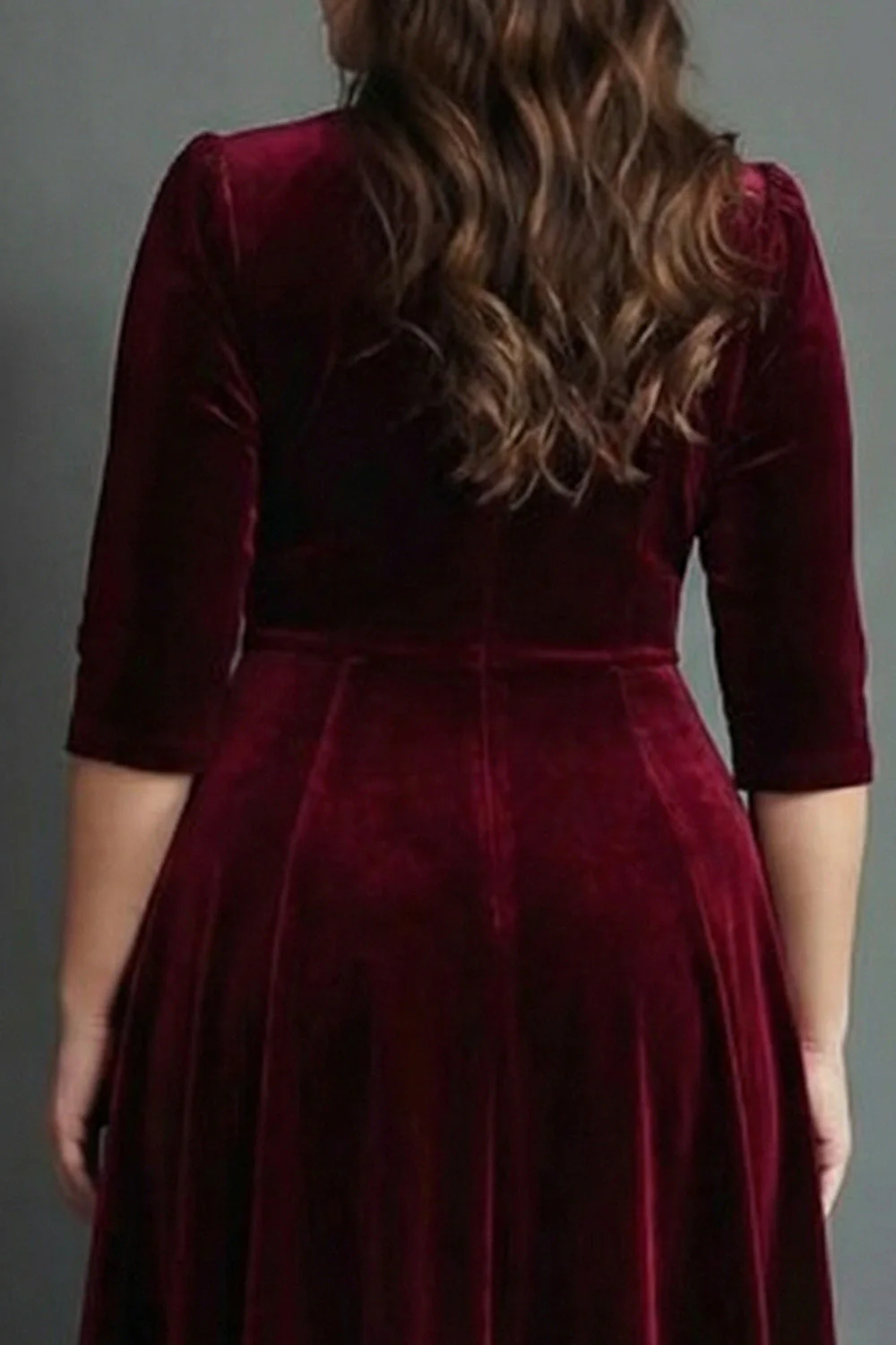 Sukienka do pracy w rozmiarze plus size burgund, aksamit A-line Midi Work z półrękawami - Image 2