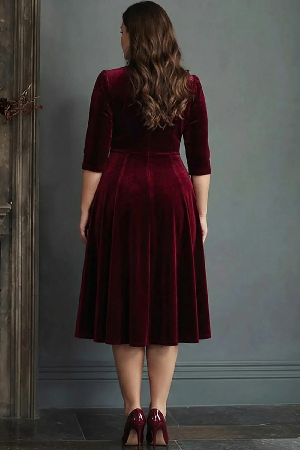 Sukienka do pracy w rozmiarze plus size burgund, aksamit A-line Midi Work z półrękawami - Image 3