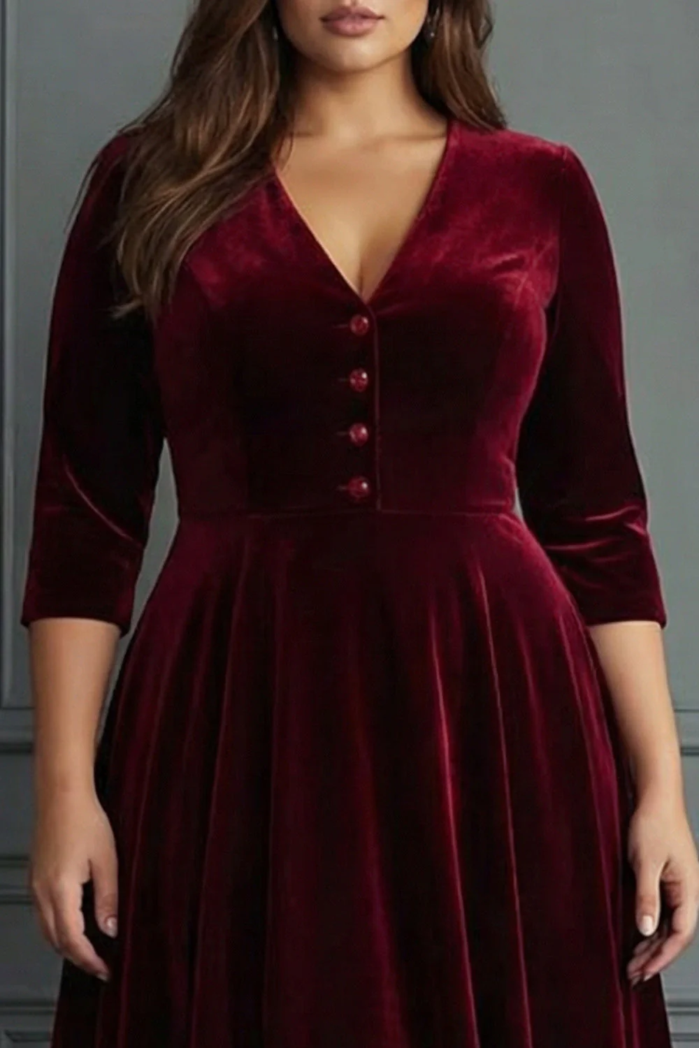 Sukienka do pracy w rozmiarze plus size burgund, aksamit A-line Midi Work z półrękawami - Image 4