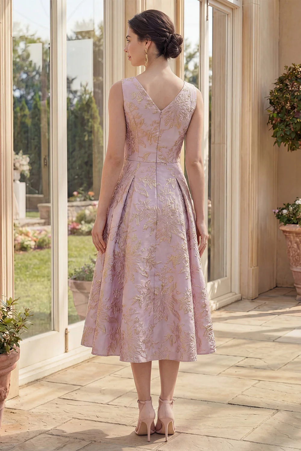 Sukienka Dusty Lila A Line Jacquard Boat Neck Midi Floral - Image 2