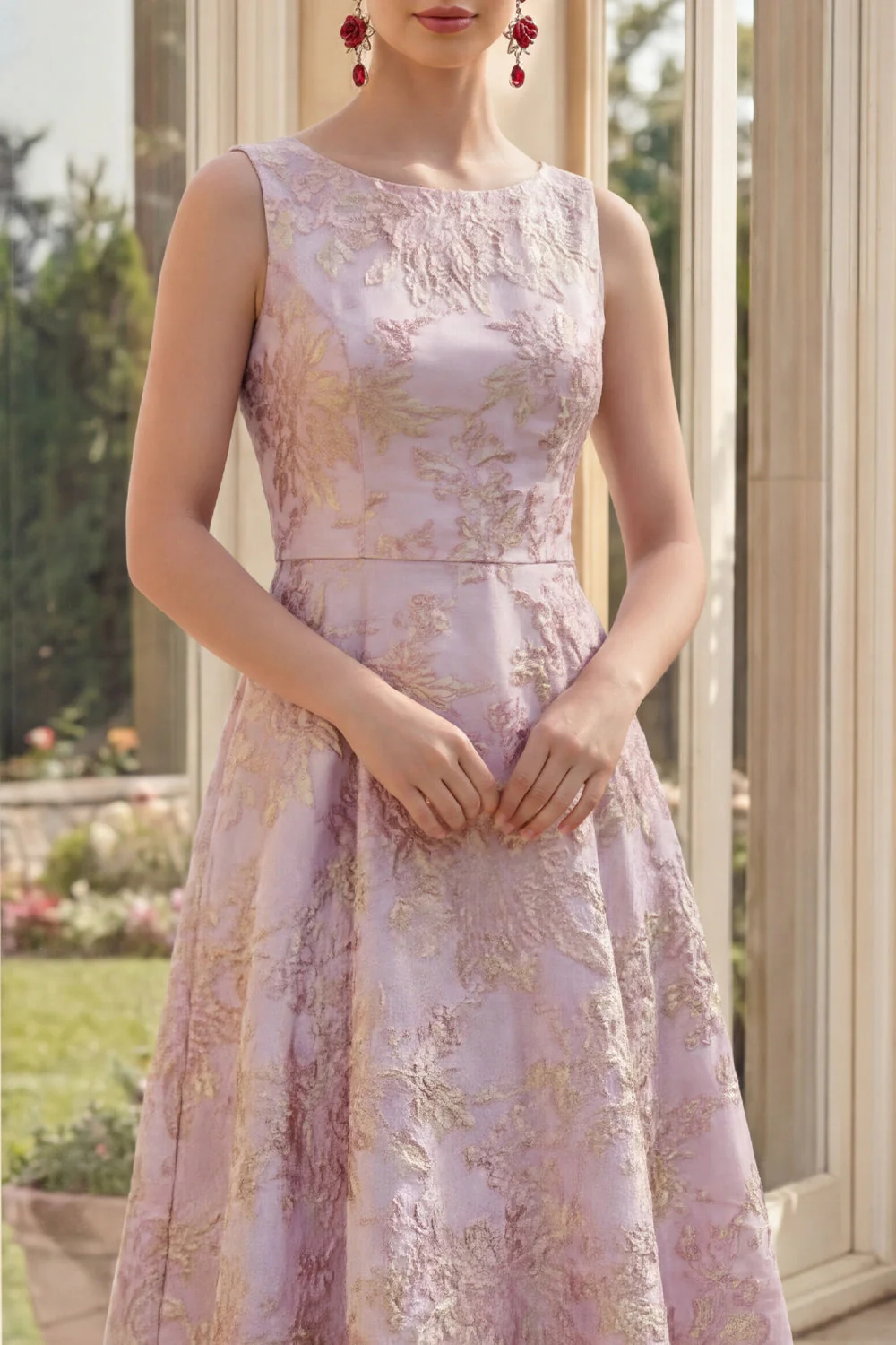 Sukienka Dusty Lila A Line Jacquard Boat Neck Midi Floral - Image 3