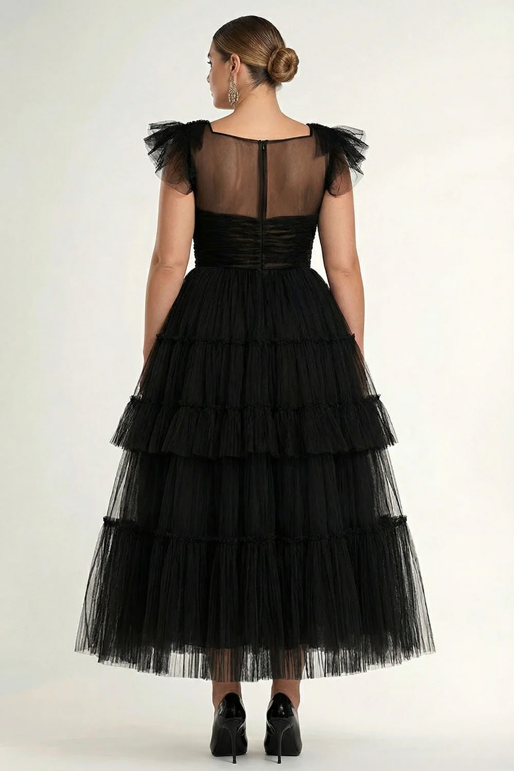 sukienka formalna midi w formie A-line z falbanami z tiulu plus size - Image 2