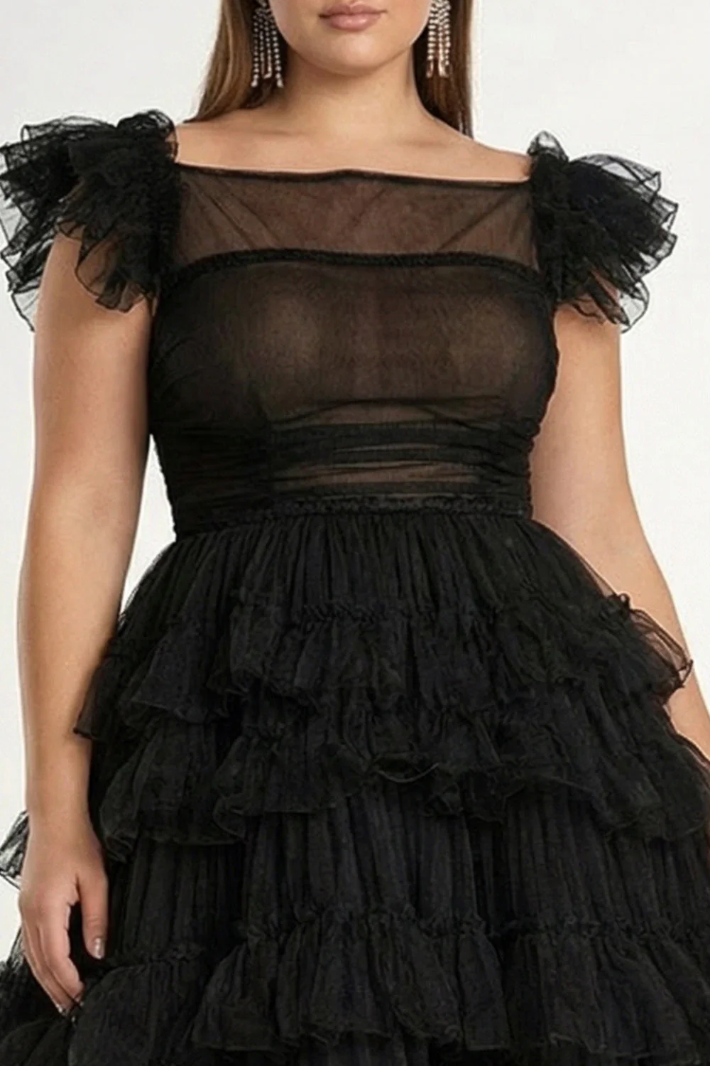 sukienka formalna midi w formie A-line z falbanami z tiulu plus size - Image 3