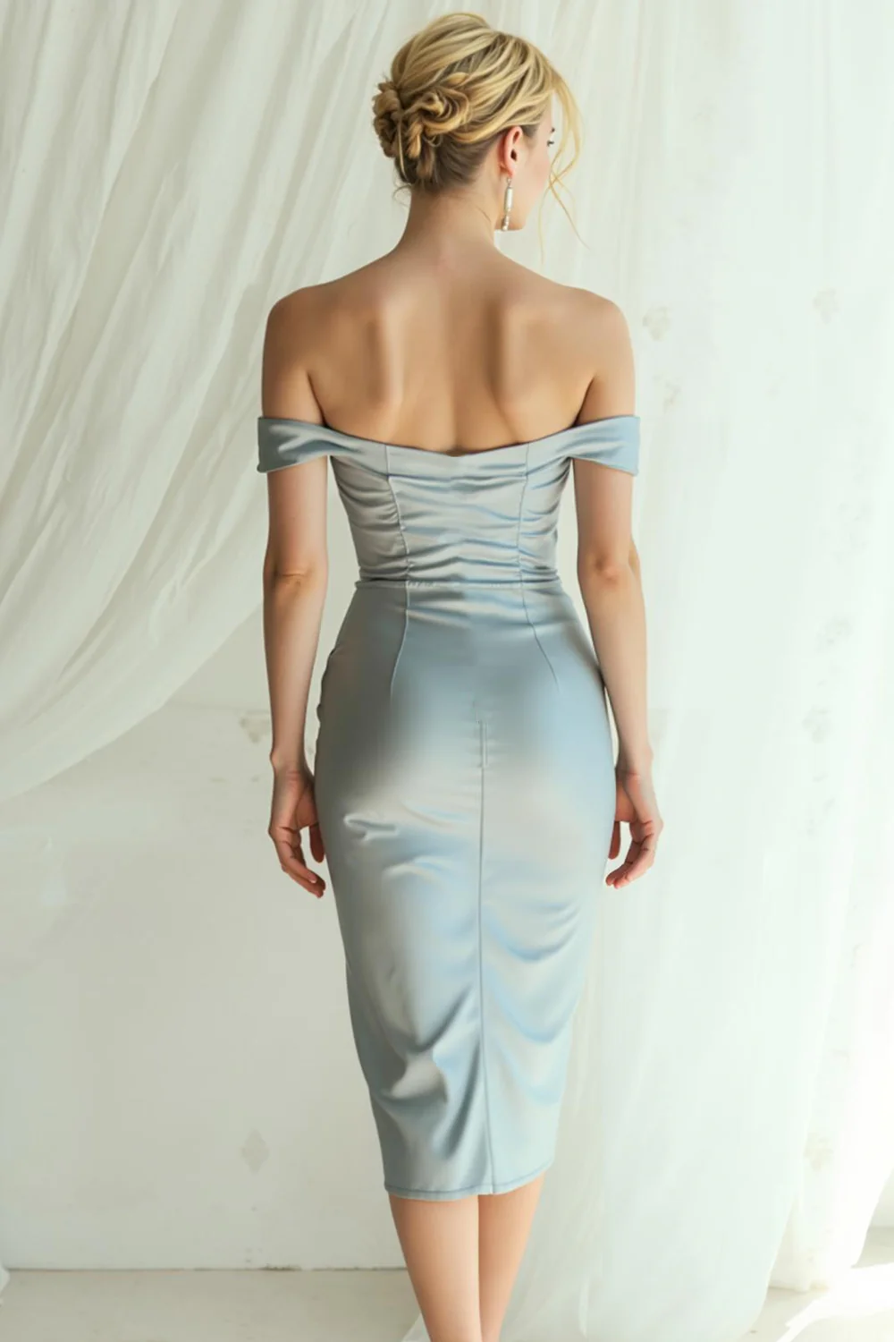 Sukienka koktajlowa midi z odkrytymi ramionami Bodycon w kolorze zakurzonego błękitu - Image 2
