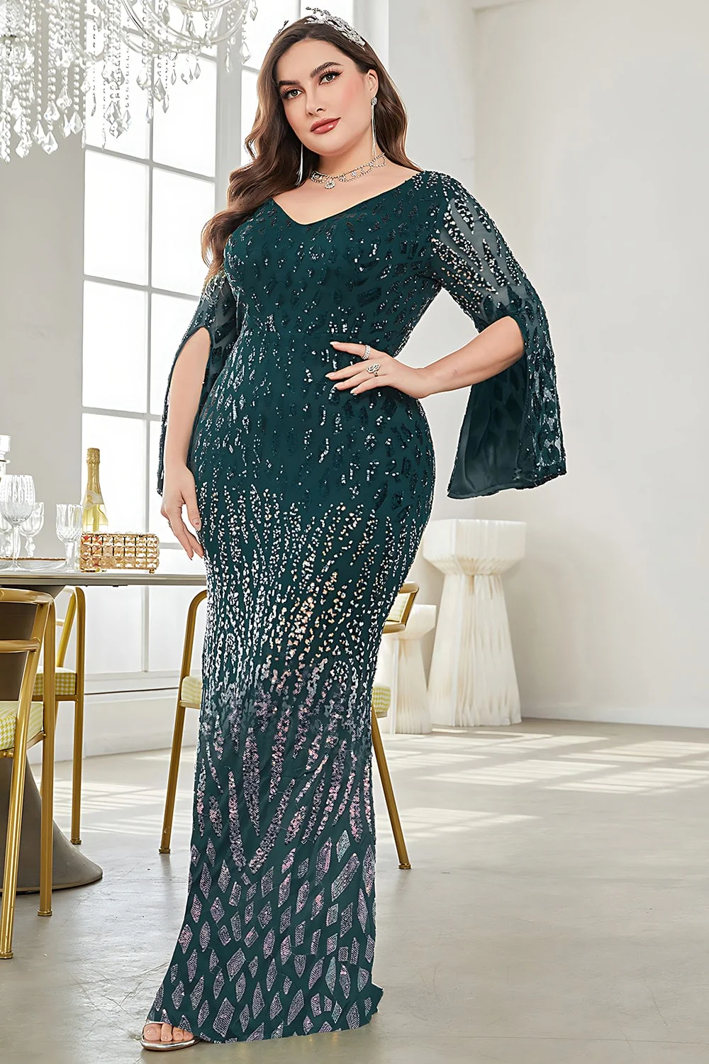 sukienka matki panny młodej z cekinami w serek plus size - Image 21