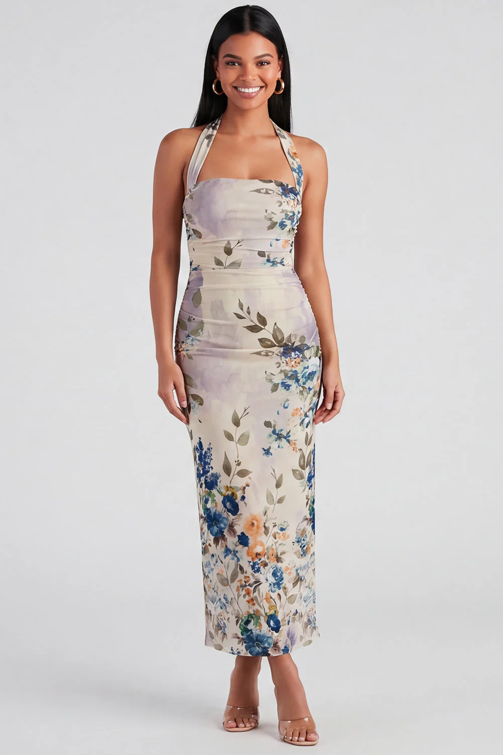 Sukienka Maxi w kwiaty z halter szampanem i pochwą na rękawce - Image 10