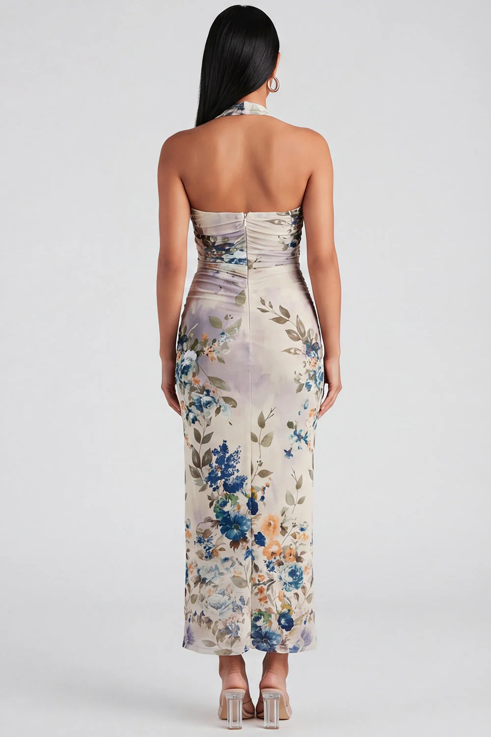 Sukienka Maxi w kwiaty z halter szampanem i pochwą na rękawce - Image 11