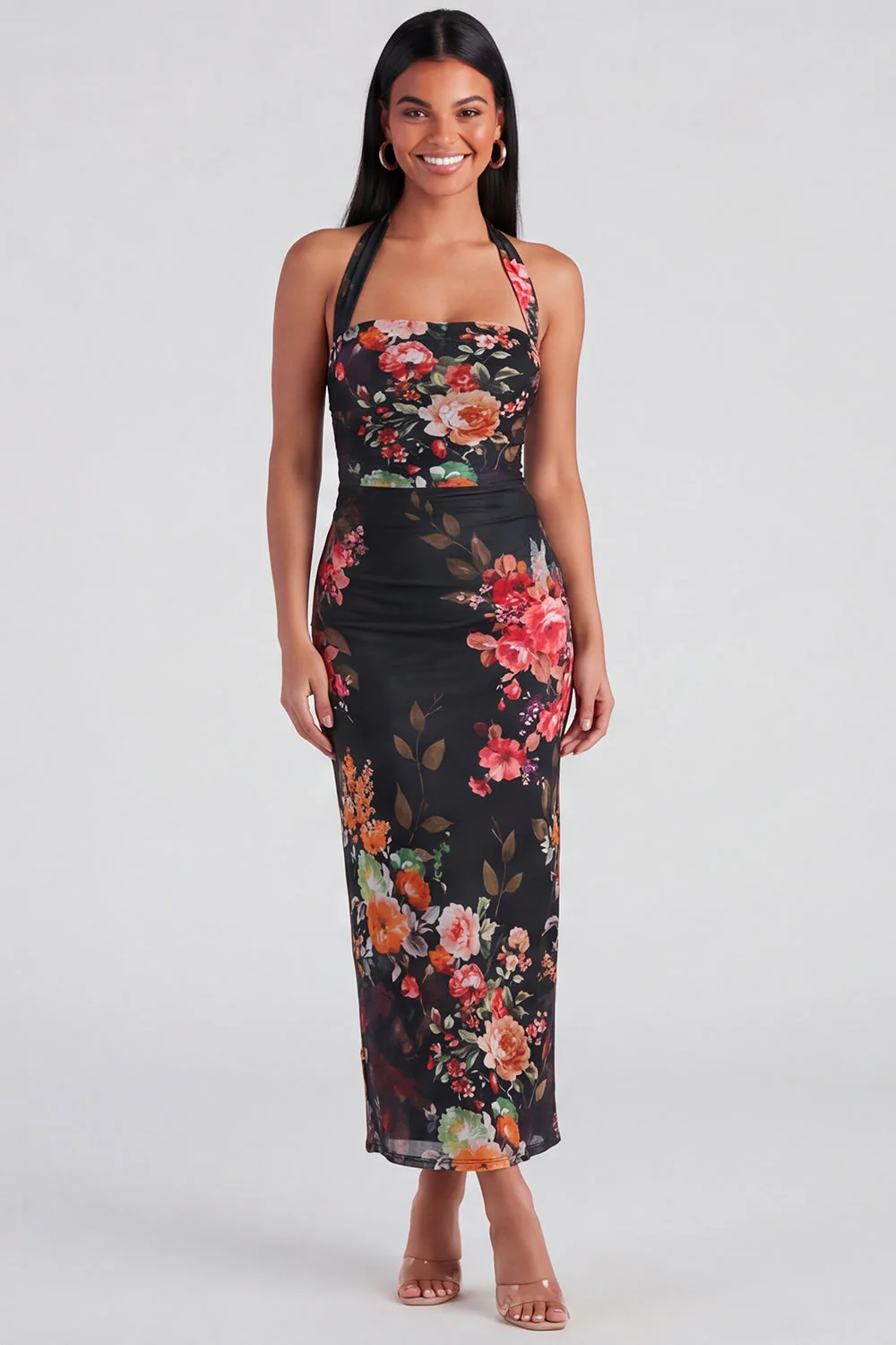 Sukienka Maxi w kwiaty z halter szampanem i pochwą na rękawce - Image 6