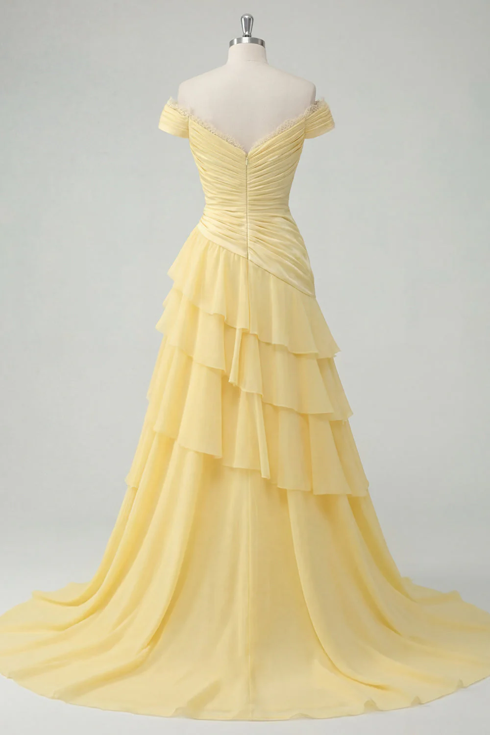 Sukienka maxi z falami z odkrytymi ramionami, chiffon butter yellow A-line z marszczkami i rozcięciem - Image 2