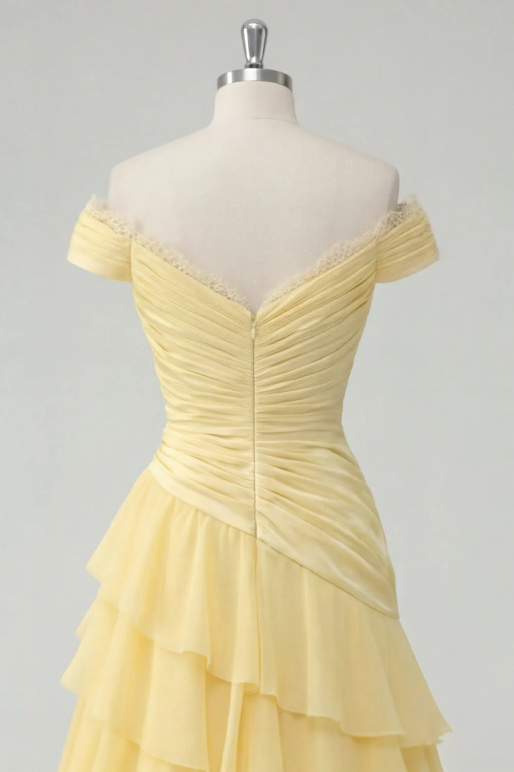 Sukienka maxi z falami z odkrytymi ramionami, chiffon butter yellow A-line z marszczkami i rozcięciem - Image 4