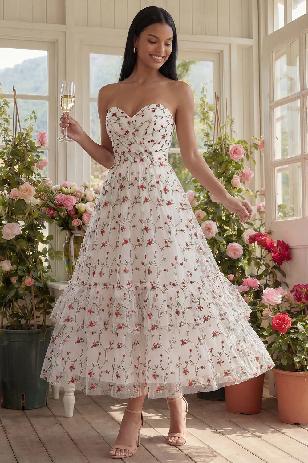 Sukienka midi Sweetheart Champagne Champagne Tille z aplikacjami w kształcie kwiatów w kształcie litery A - Image 7