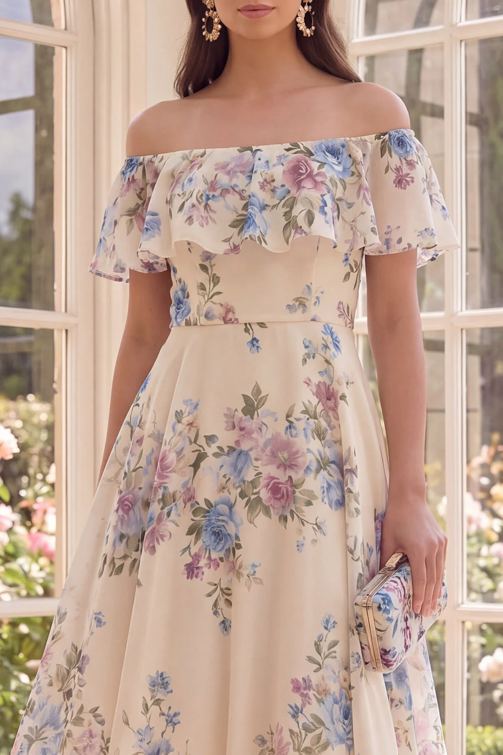 Sukienka midi w kwiaty z odkrytymi ramionami Apricot A Line Beach Midi z falbanami - Image 3