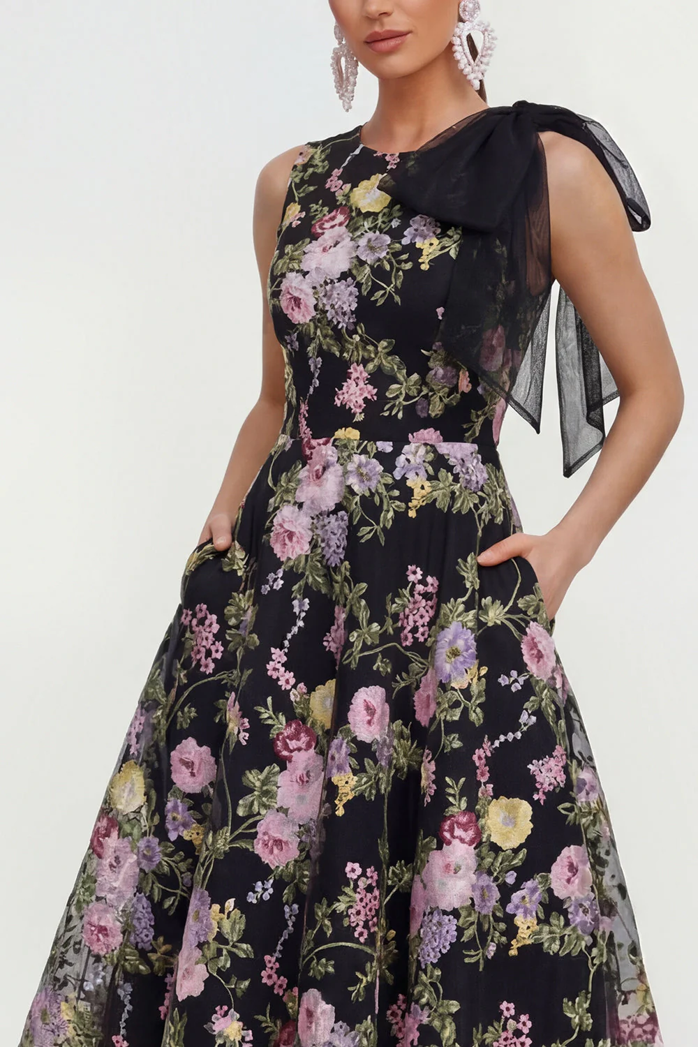 Sukienka midi z kokardami w stylu multi flower z kieszeniami z nadrukiem - Image 3