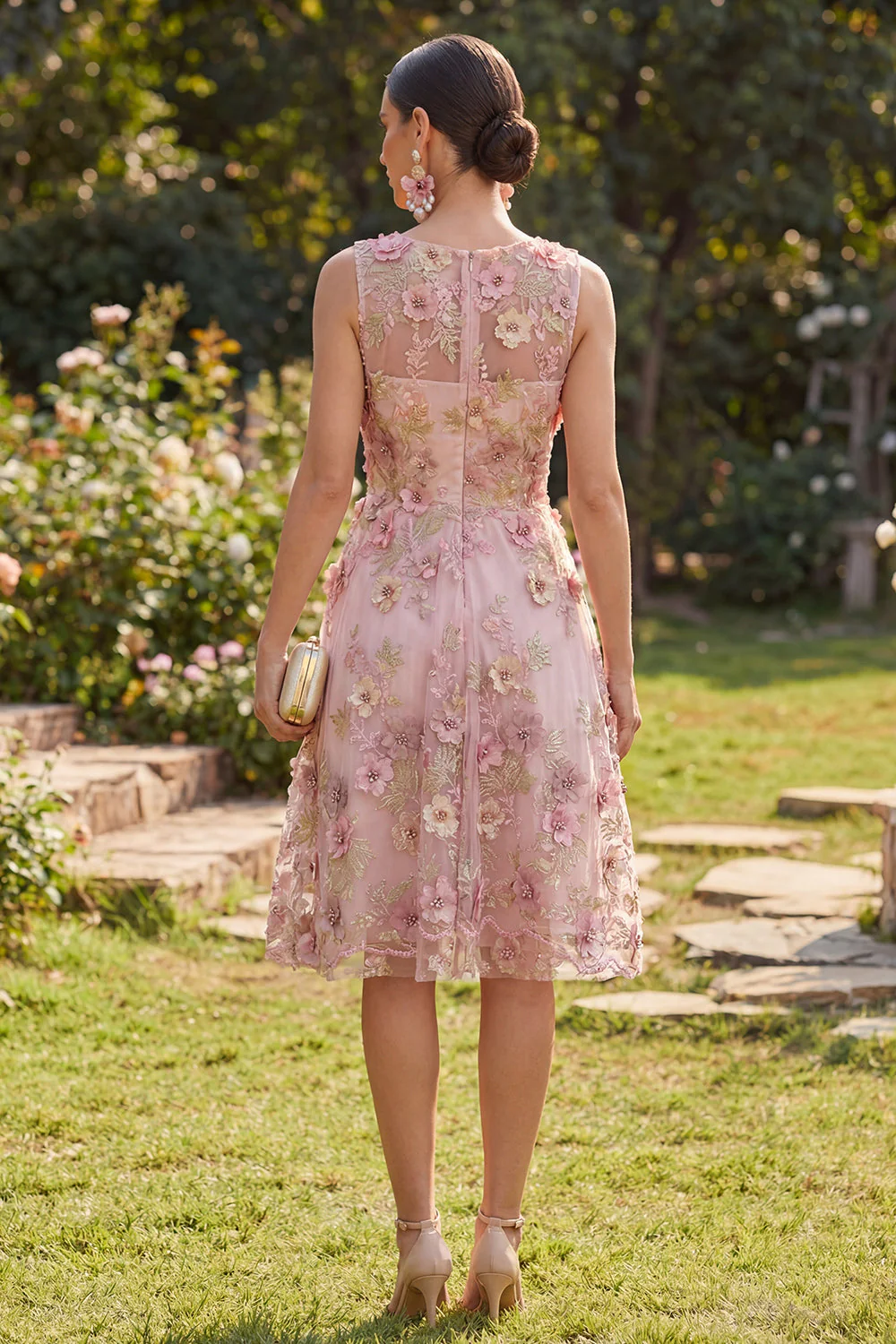 Sukienka midi z kwiatami w kształcie litery A-line Tulle Pink Fuchsia z dekoltem w serek - Image 2