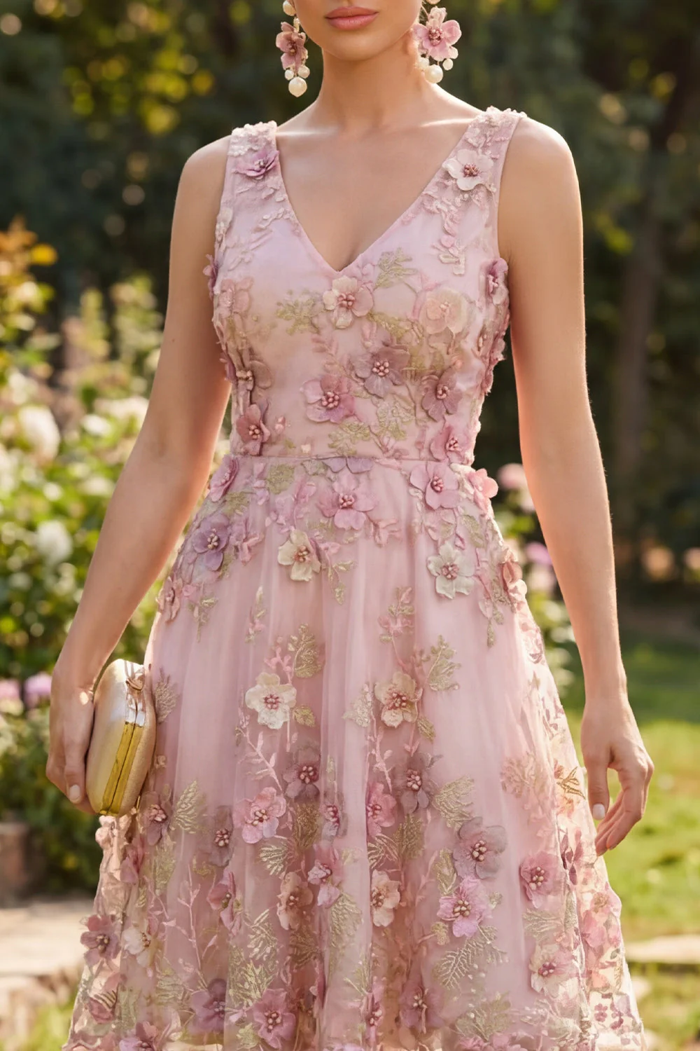 Sukienka midi z kwiatami w kształcie litery A-line Tulle Pink Fuchsia z dekoltem w serek - Image 3