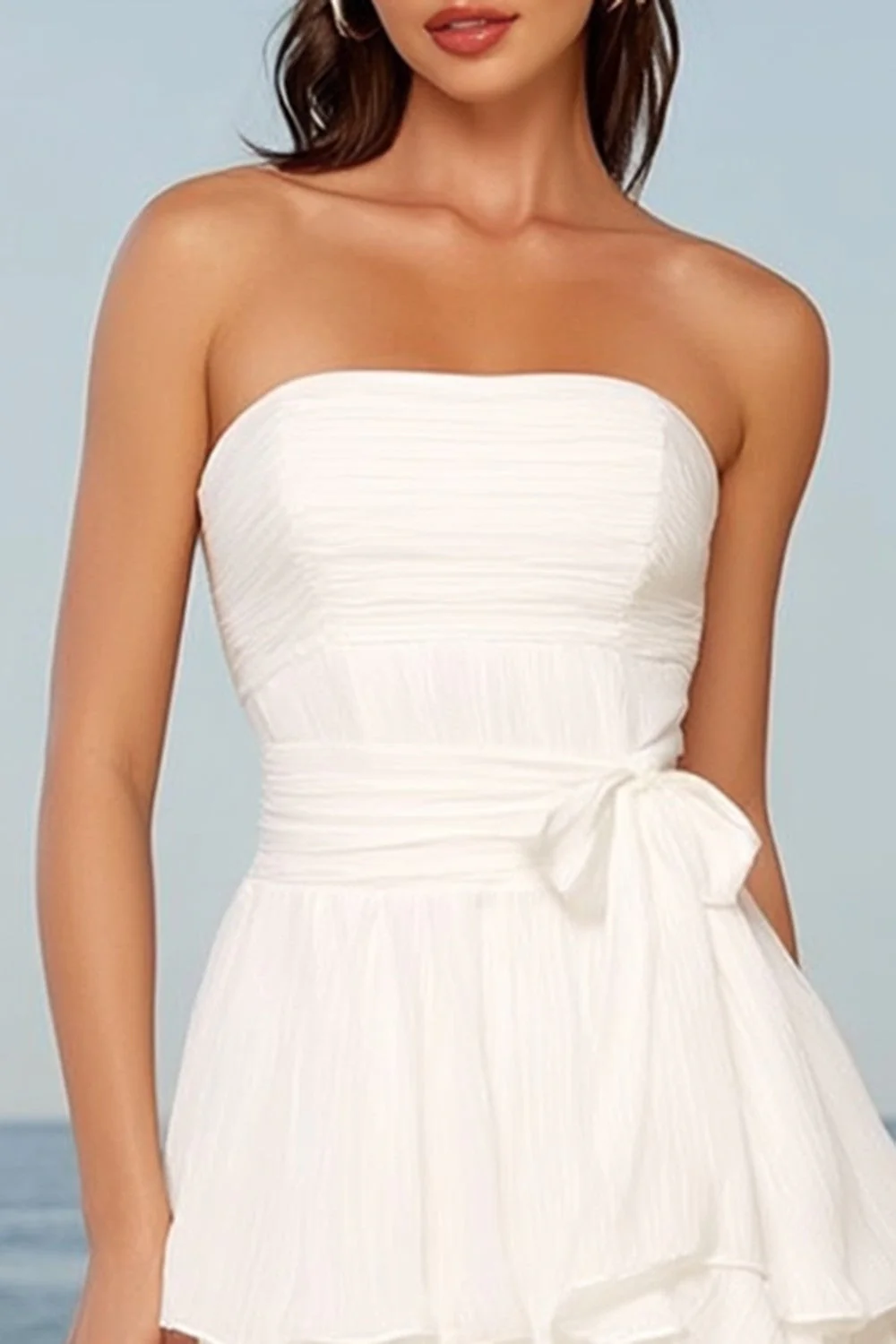 Sukienka na baby shower w kolorze tiulu i kości słoniowej bez ramiączek, w kształcie litery A-line midi z kokardą - Image 3