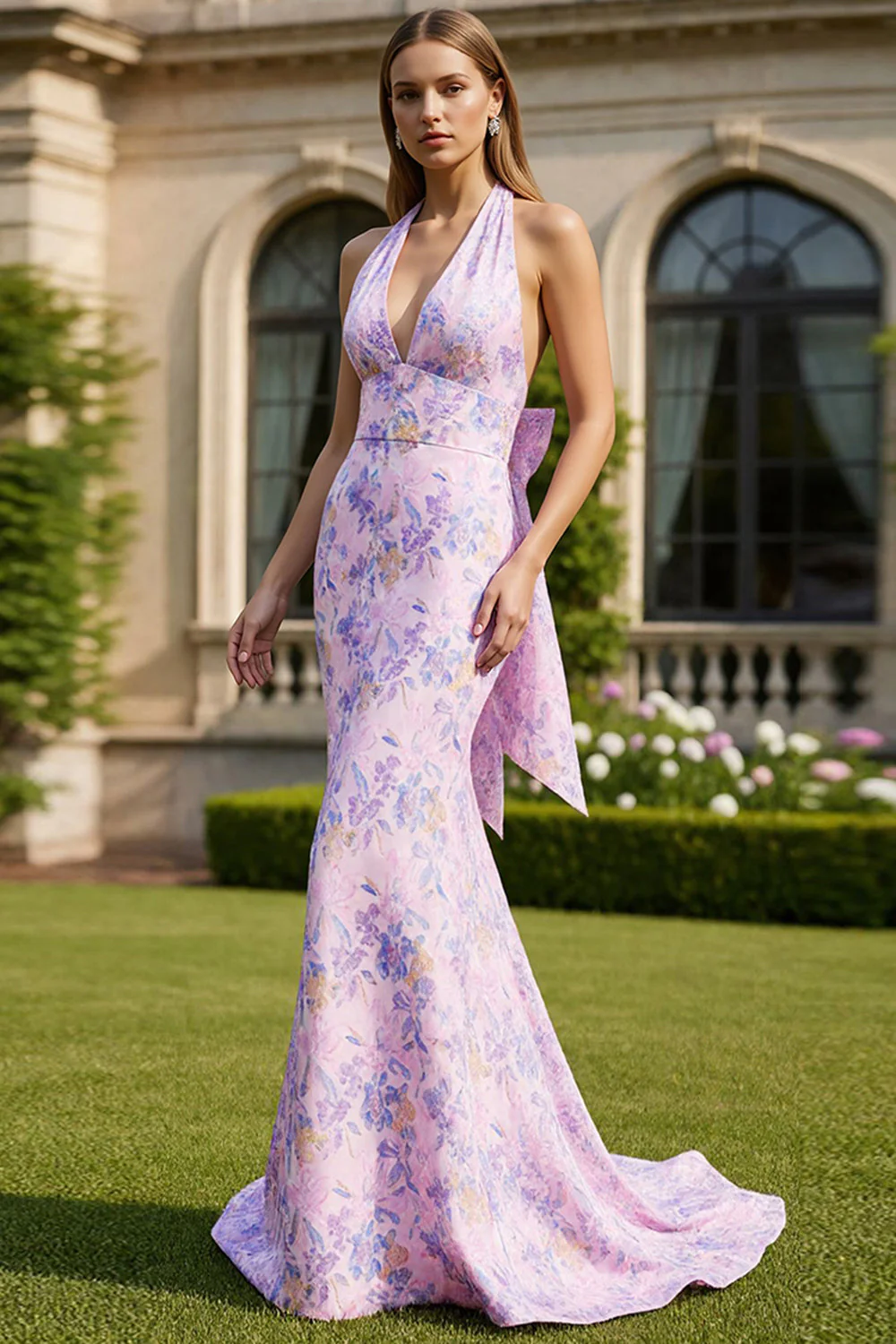 Sukienka na bal balowy Halter Mermaid Lila Długa w kwiatach z kokardą - Image 3