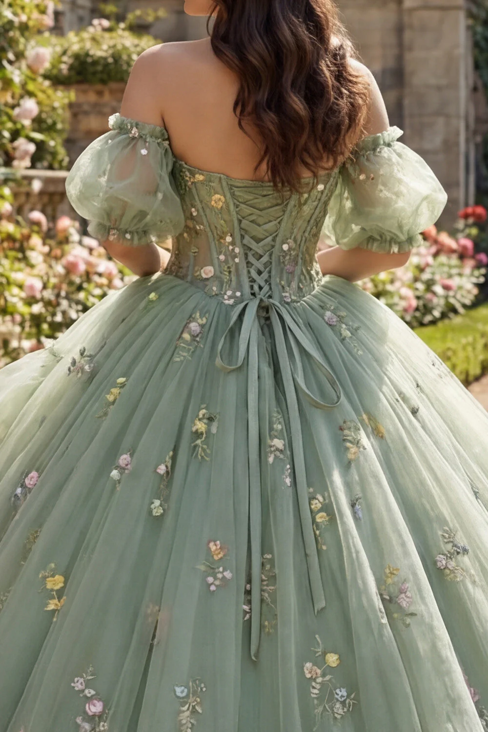 Sukienka Quinceanera w kolorze Dusty Sage Off The Shoulder z kwiatowym gorsetem i tiulem - Image 4