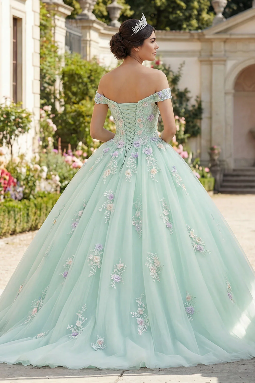 Sukienka Quinceanera z odkrytymi ramionami Zielona suknia balowa z kwiatami 3D - Image 2