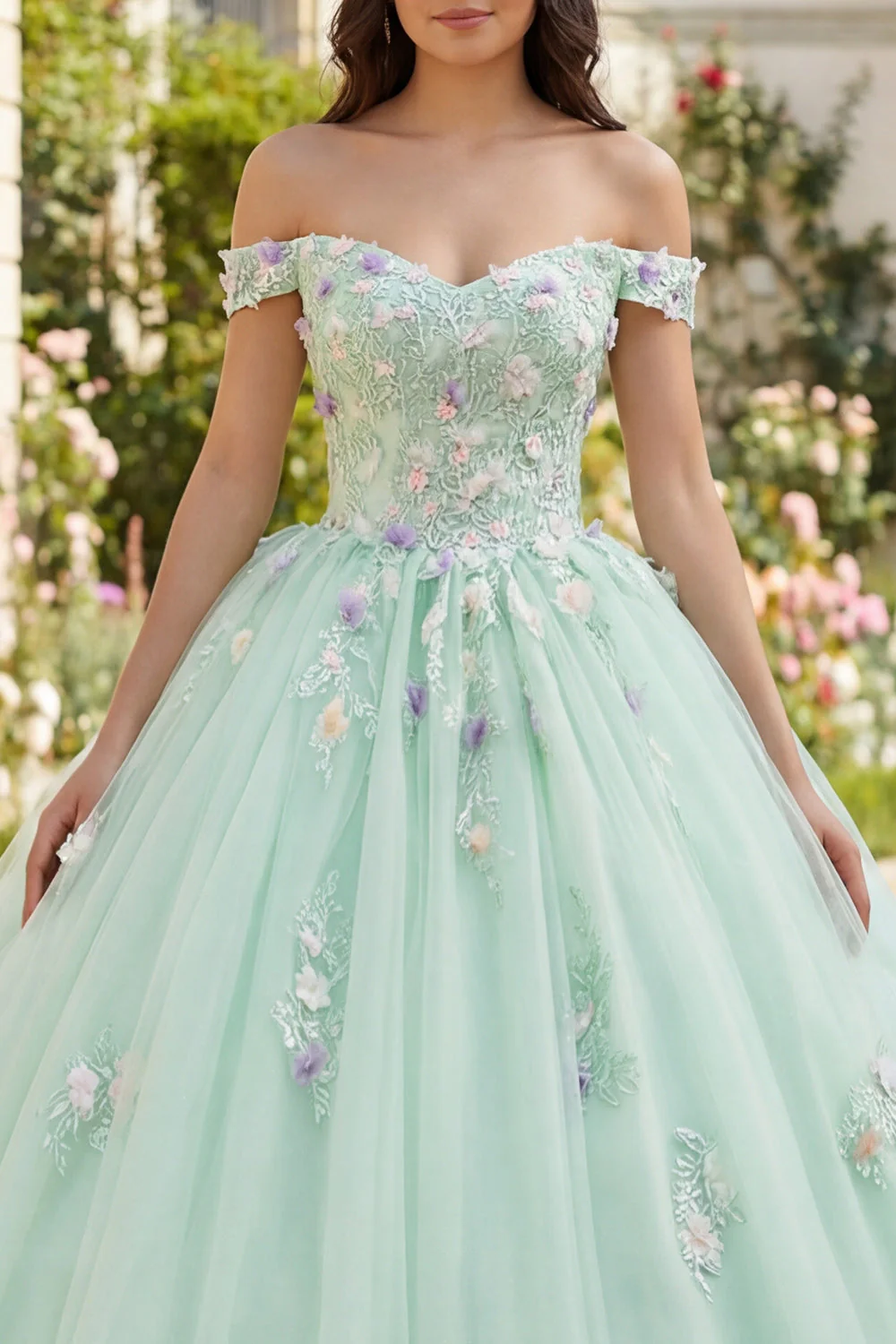 Sukienka Quinceanera z odkrytymi ramionami Zielona suknia balowa z kwiatami 3D - Image 3