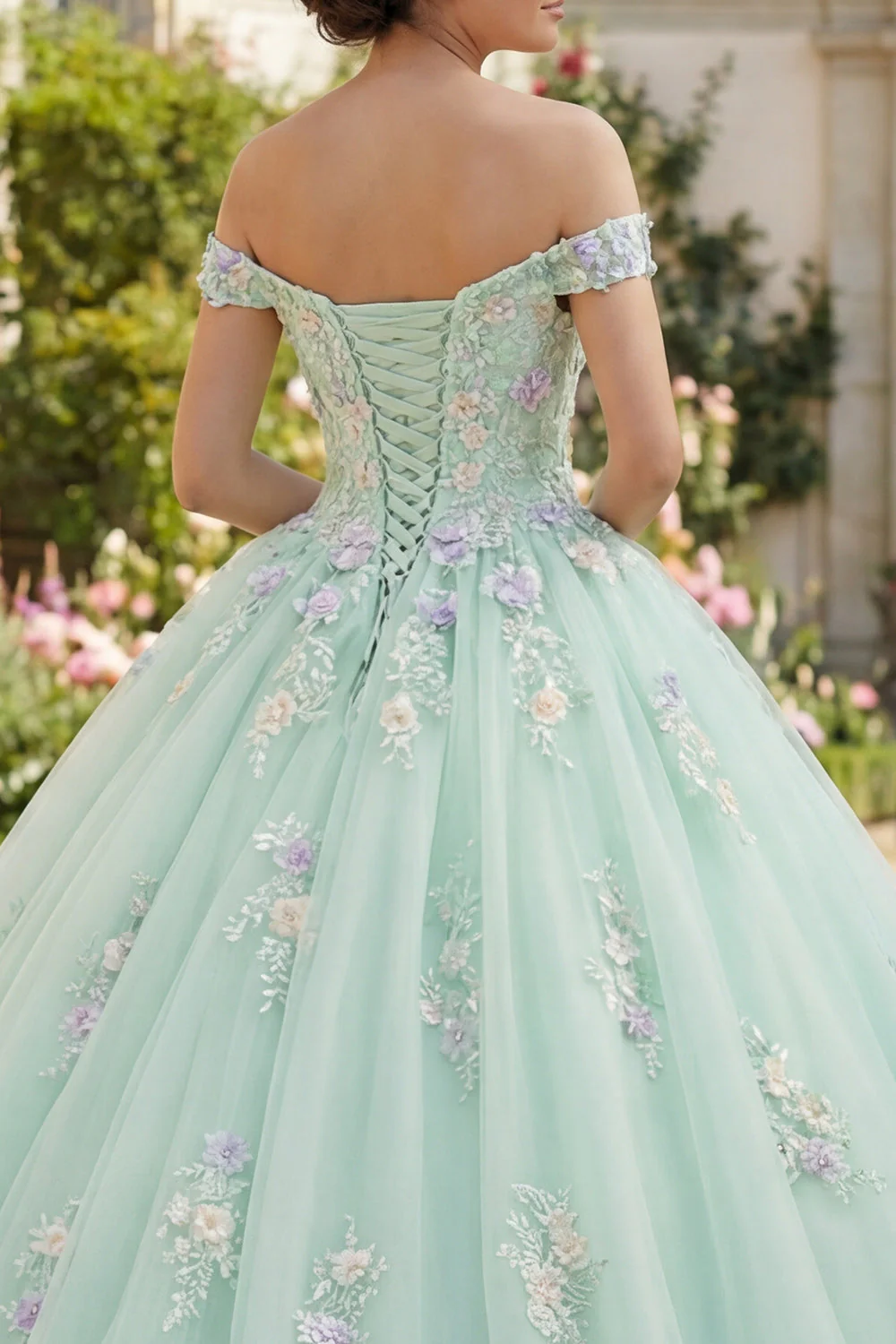 Sukienka Quinceanera z odkrytymi ramionami Zielona suknia balowa z kwiatami 3D - Image 4