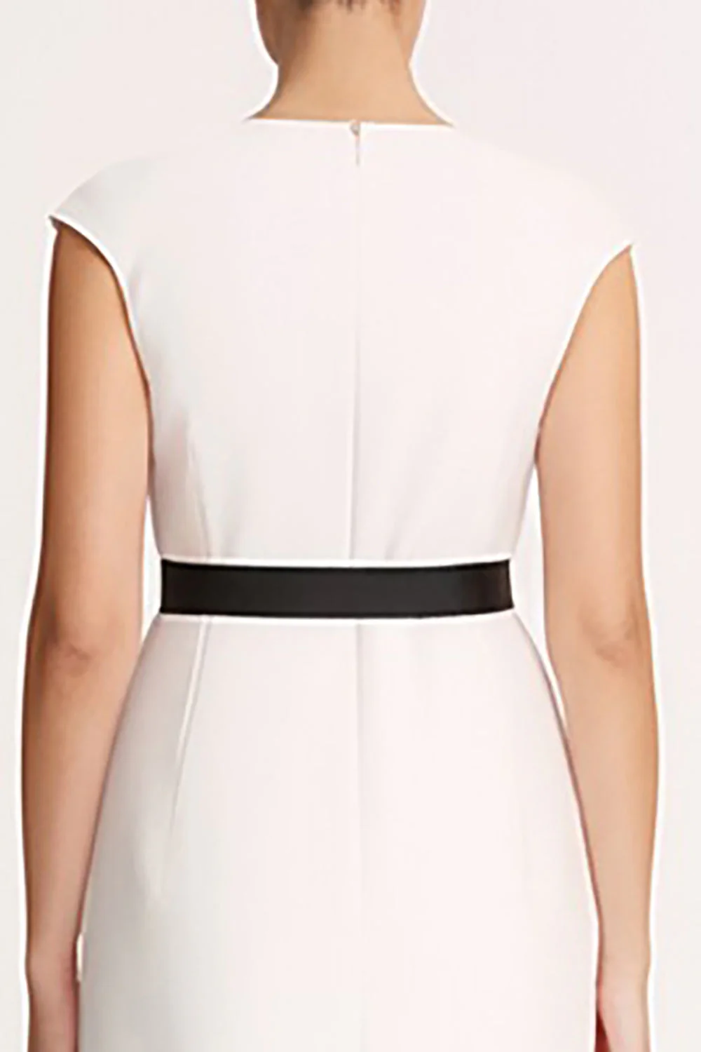 Sukienka robocza Bodycon Midi z dekoltem w szpic w kolorze kości słoniowej i paskiem - Image 4