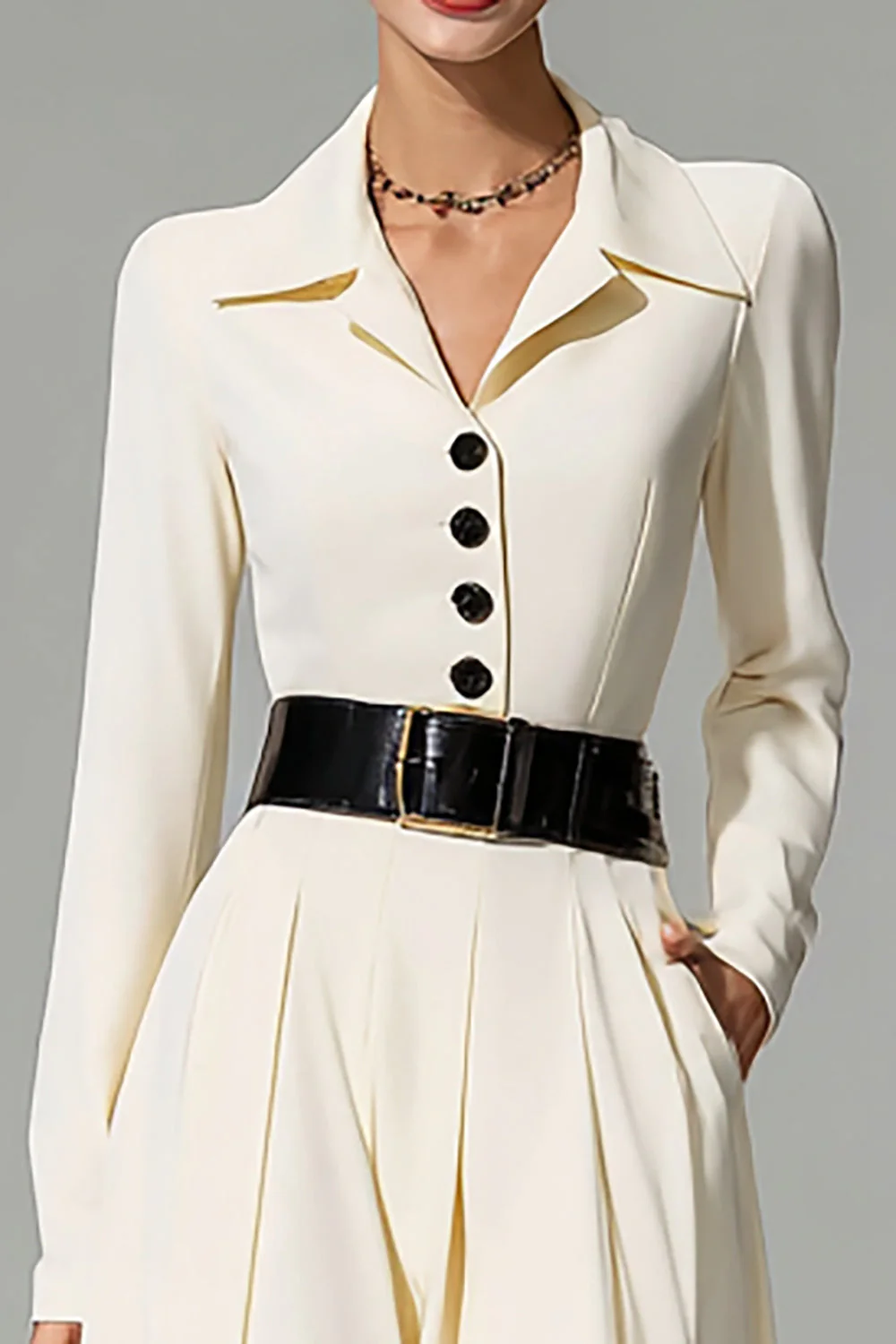 Sukienka robocza Ivory Peak Lapel A Line Midi z paskiem - Image 3
