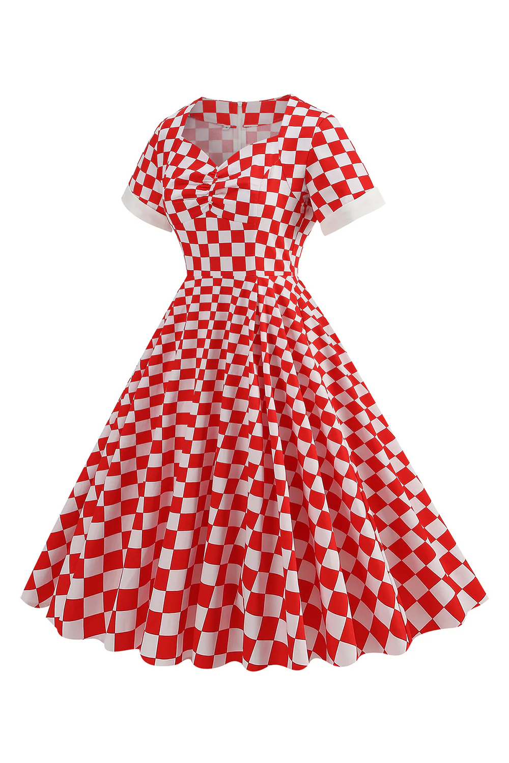Sukienka w czerwoną kratę w stylu vintage z lat 1950. z krótkimi rękawami - Image 3