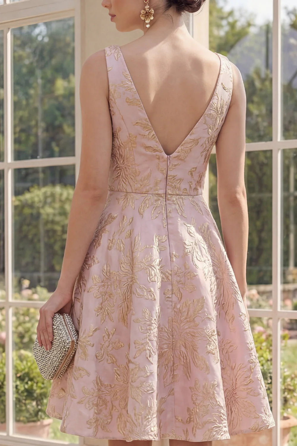 Sukienka z dekoltem w serek A Line Midi Jacquard Kwiecista - Image 4