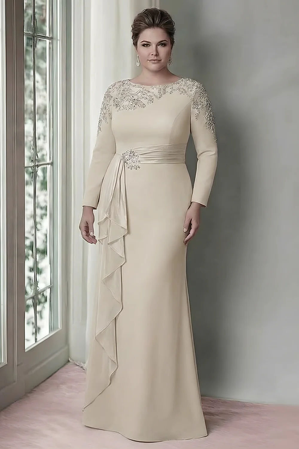 Sukienka z falbanami z długimi rękawami z blush sheath size - Image 7