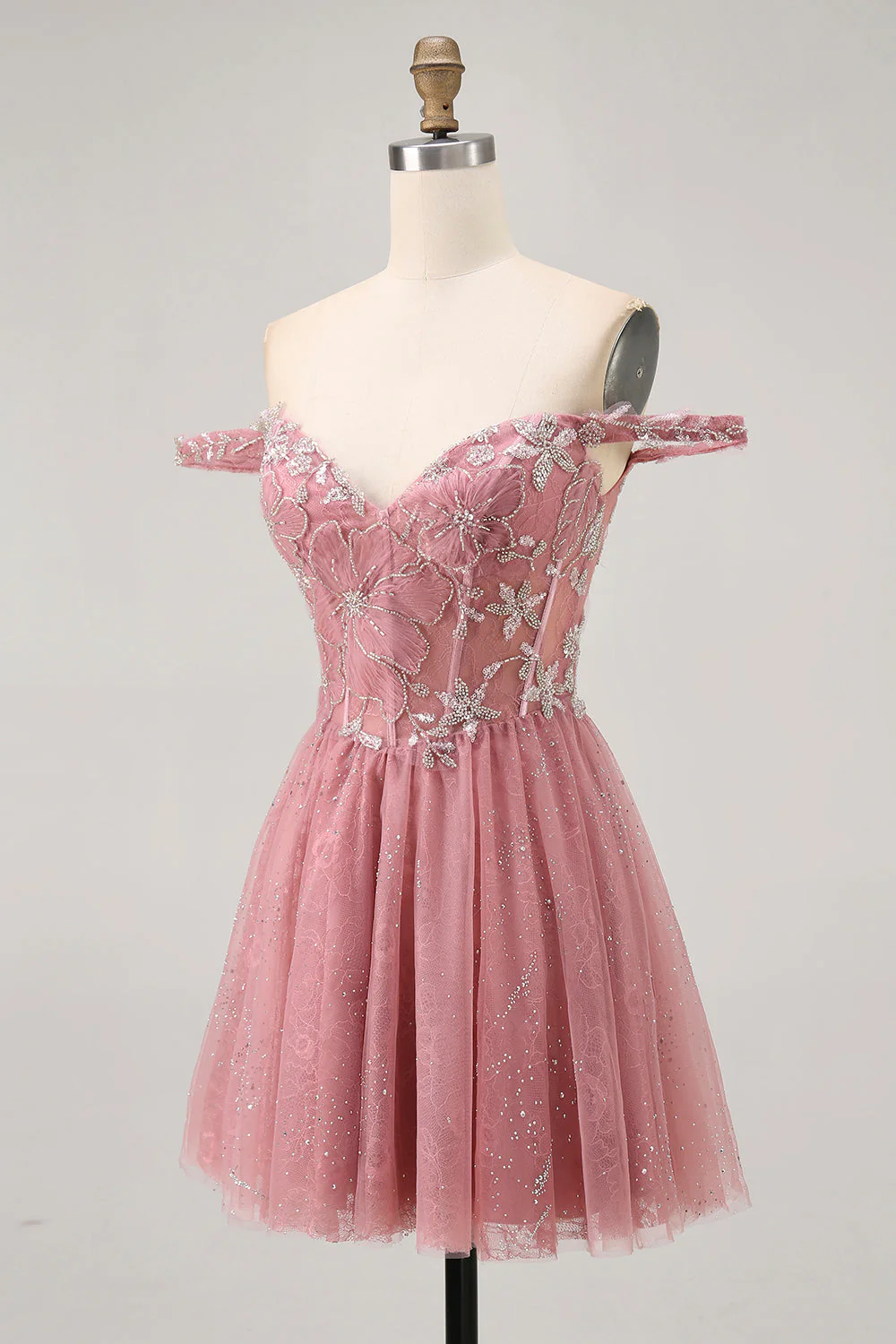 Sukienka z odkrytymi ramionami Dusty Rose Floral A Line Homecoming - Image 3