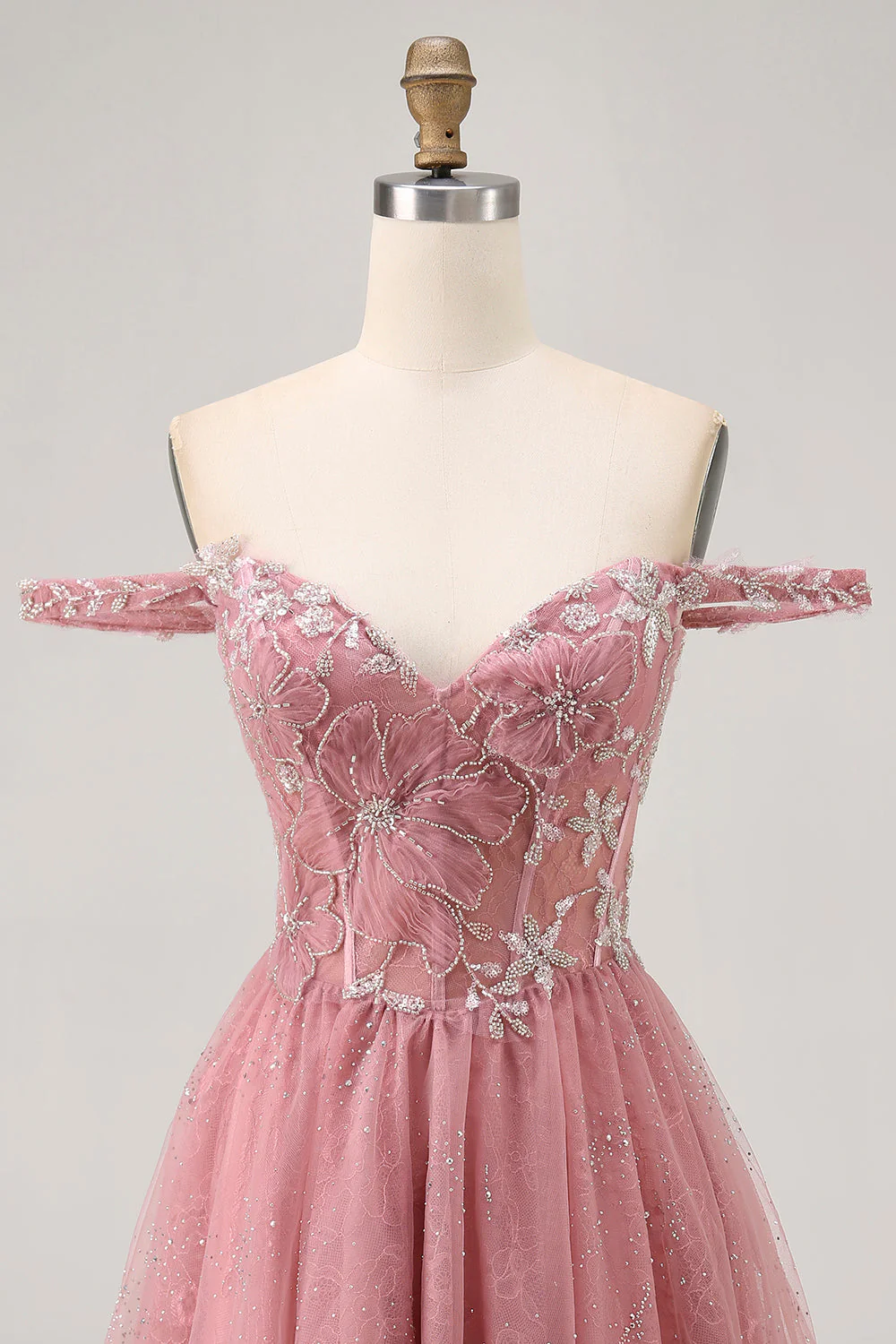 Sukienka z odkrytymi ramionami Dusty Rose Floral A Line Homecoming - Image 4