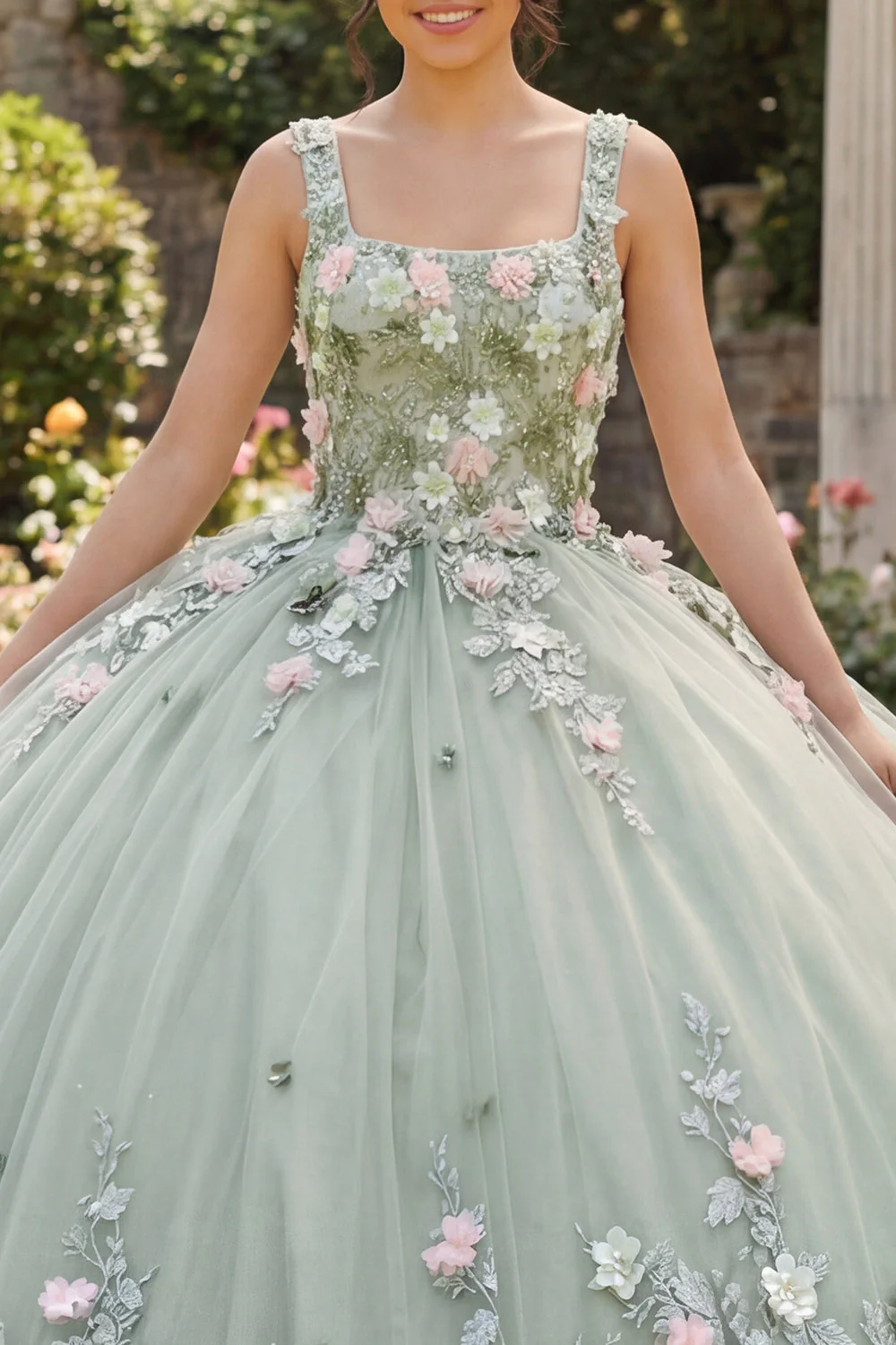 Sukienka z quinceañera z kwadratowym dekoltem, w kolorze dusty sage Sage Floral - Image 3