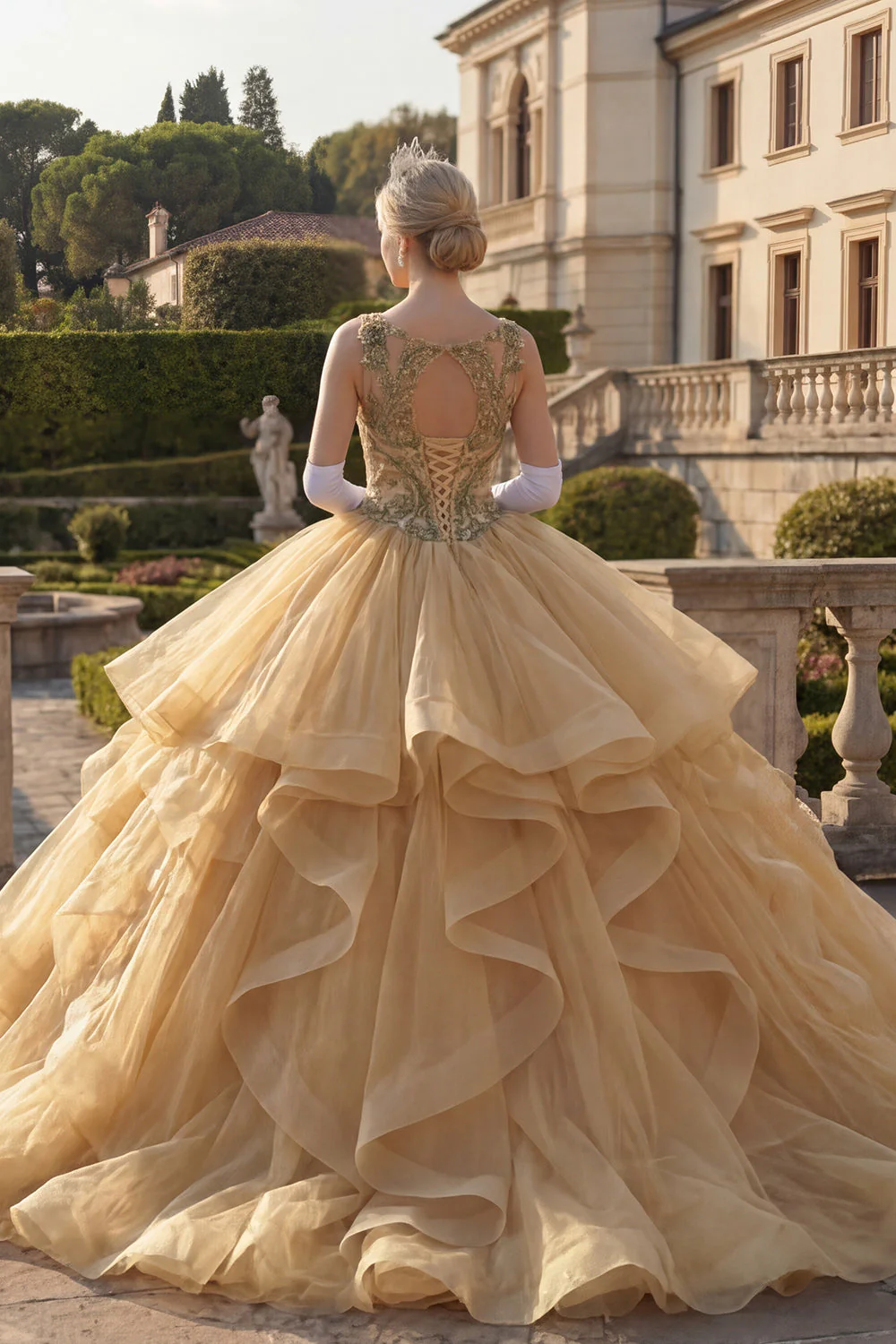 Suknia balowa musztardowa, żółta, okrągły dekolt z falbanami cekinami – sukienka Quinceanera - Image 2
