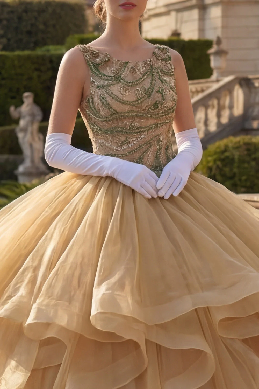 Suknia balowa musztardowa, żółta, okrągły dekolt z falbanami cekinami – sukienka Quinceanera - Image 3