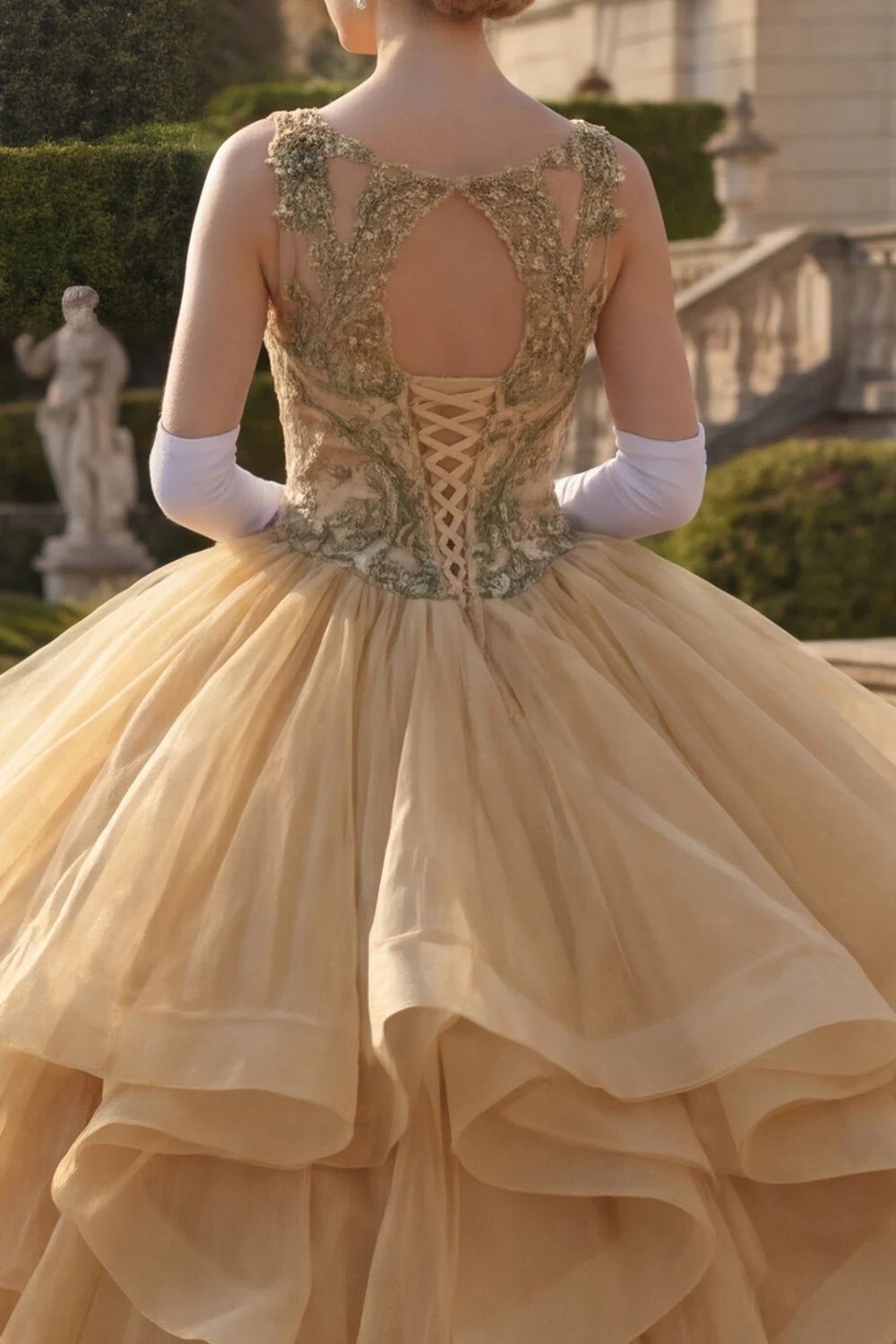 Suknia balowa musztardowa, żółta, okrągły dekolt z falbanami cekinami – sukienka Quinceanera - Image 4