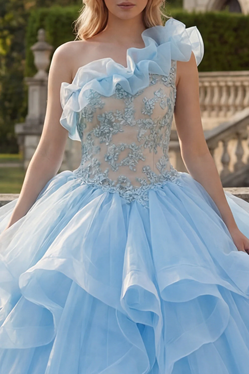 Suknia balowa na jedno ramię, niebieska aplikacjowana sukienka Quinceanera z falbanami - Image 3