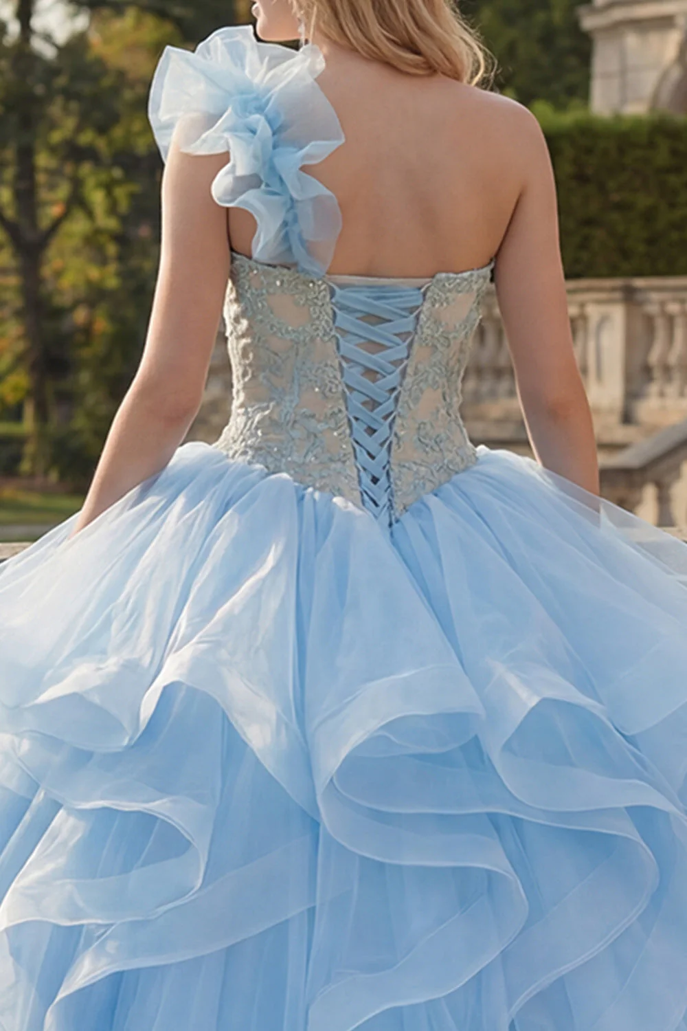 Suknia balowa na jedno ramię, niebieska aplikacjowana sukienka Quinceanera z falbanami - Image 4